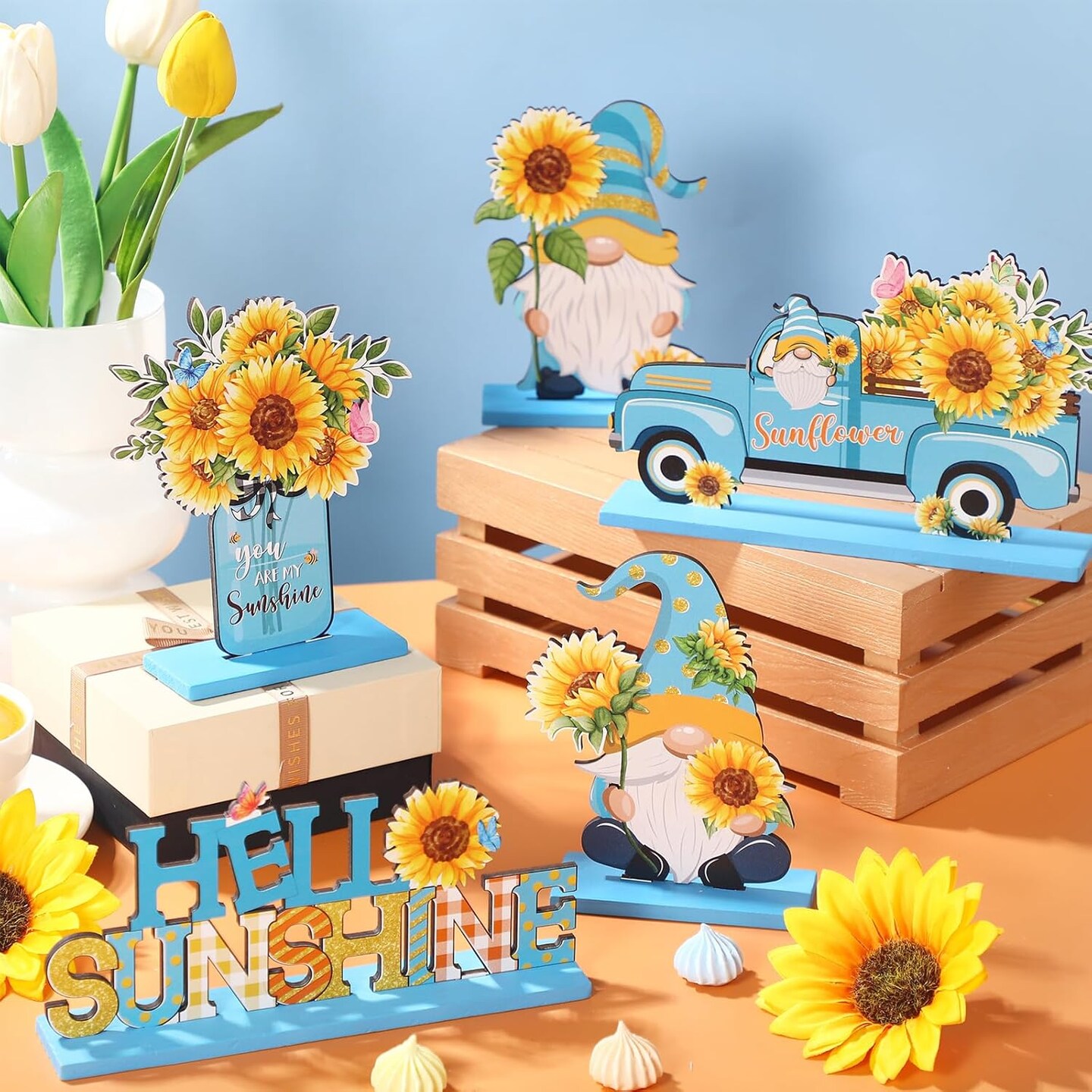 5 Pcs Sunflower Table Sign Sunflower Wooden Table Centerpieces Sign Summer Gnome Wooden Table Decor Sunshine Table Decoration Signs Gnome Wooden Centerpiece for Home Party(Blue)