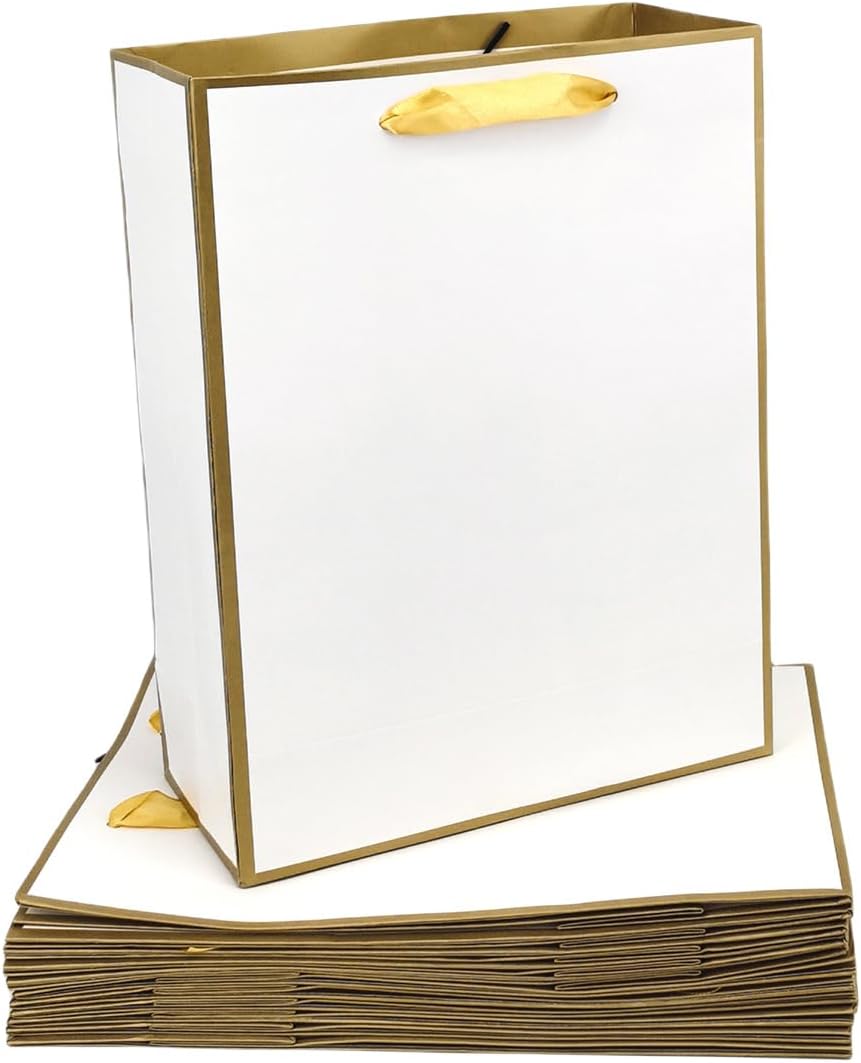Gift Bags with Handles, 12 Pack 11.3 x 8.6 x 3.9 Gift Bags Medium size, White Gold Thank You Bags