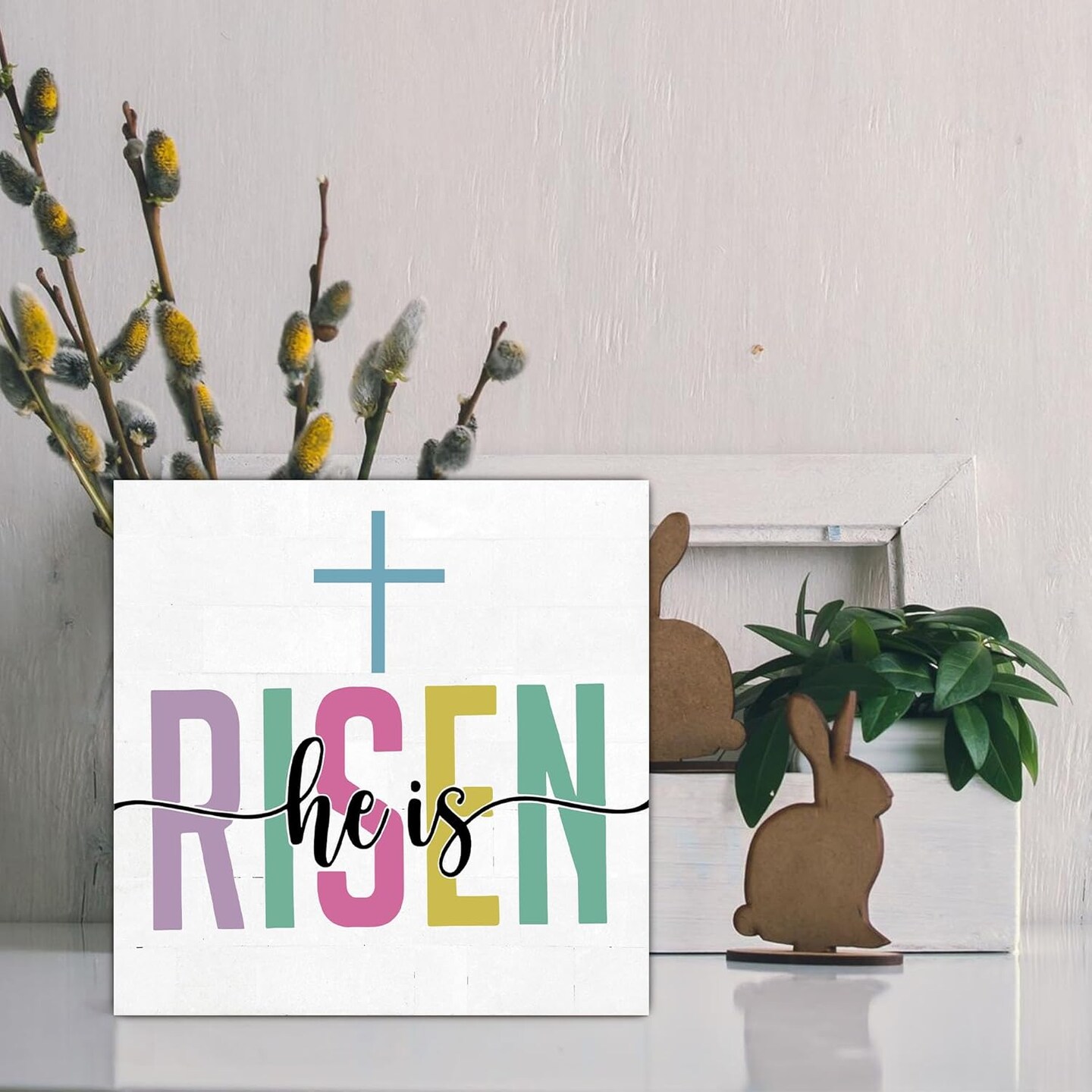 Easters Bunny Gifts, He Is Risen Sign, Easter Bunny Decor, Farmhouse Easter Decorations Indoor for Home Office Tabletop Desk Decoration-B06