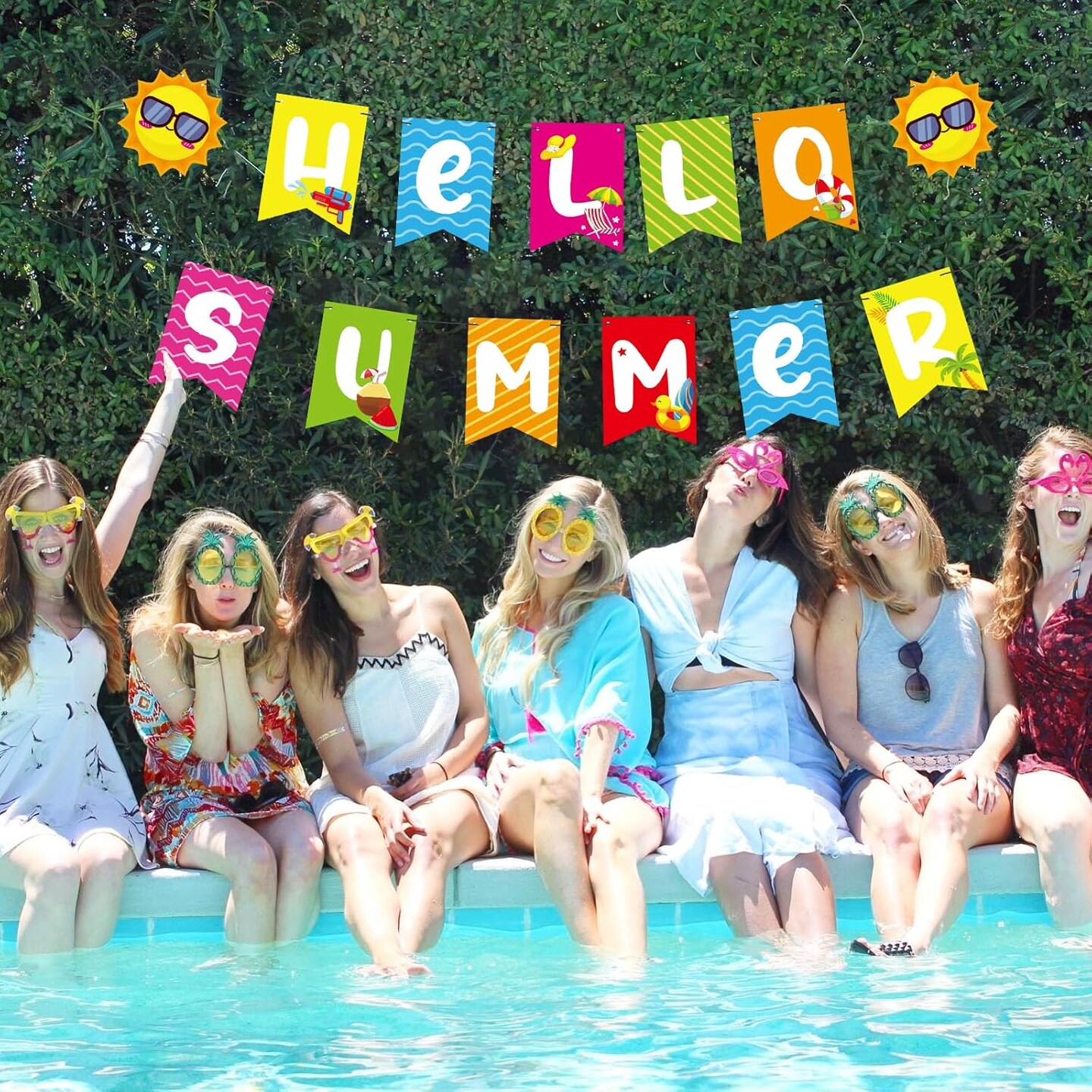 Hello Summer Banner - No DIY, Summer Banner for Summer Party Decorations, Hello Summer Sun Signs for Birthday Beach Pool Decorations, Tropical Party Decorations