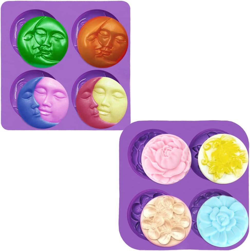 2 PCS Silicone Soap Molds, 4 Cavity Sun &#x26; Moon Face Molds and 4 Cavity Flower Shapes Molds, for DIY Soap