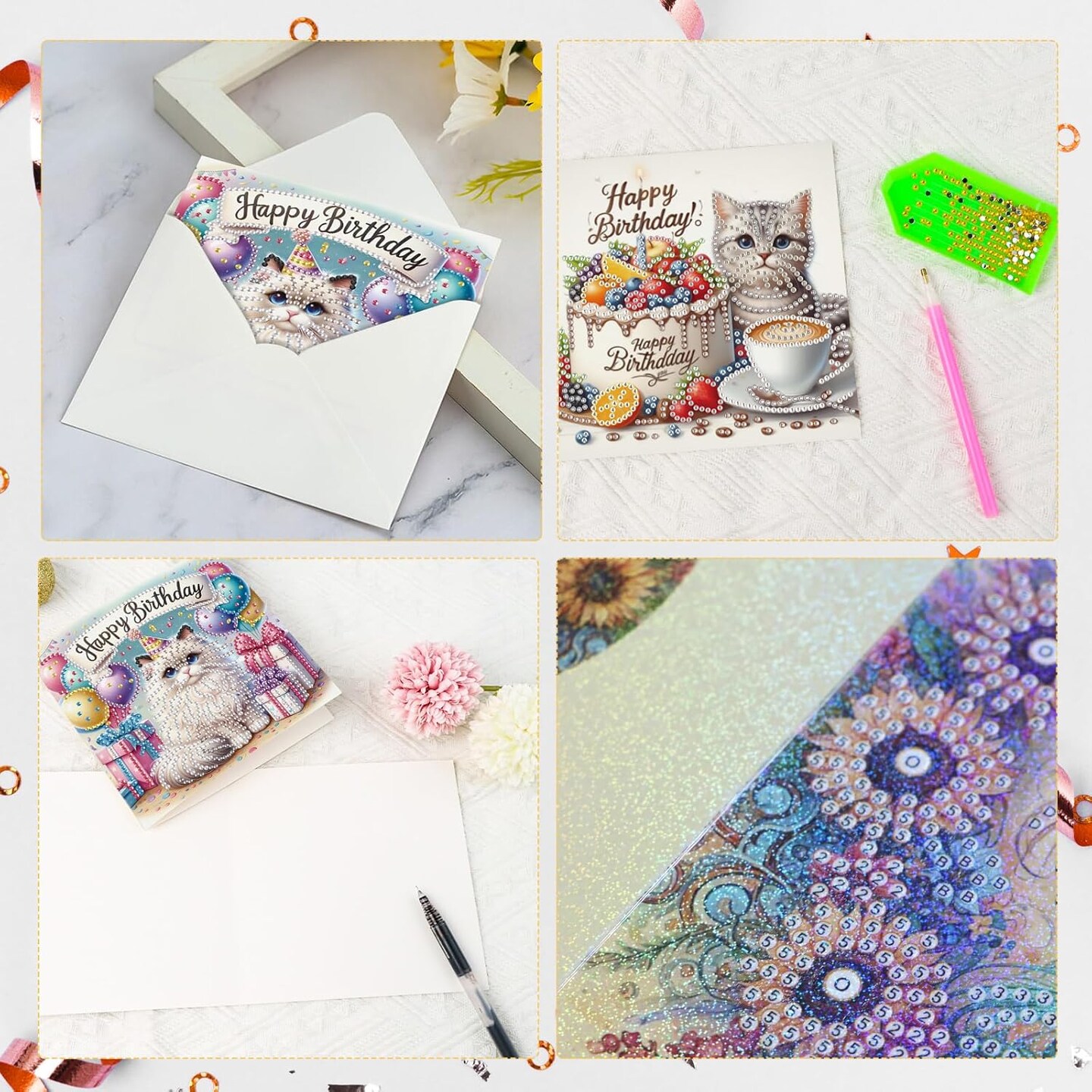 6pcs Diamond Painting Greeting Cards for Blessings and Wishes - Cat DIY Birthday card Special Shape Crystal Diamond Art Partial Mosaic Making Craft, Paper Material, Gift for Christmas Thanksgiving Day