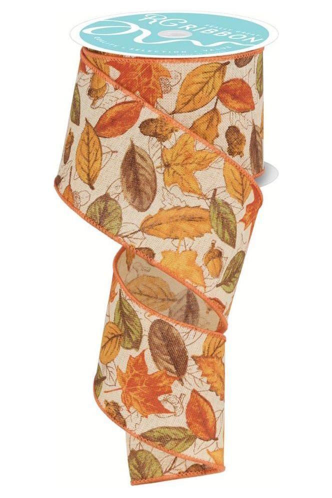 2.5&#x22; Leaves and Acorns Ribbon: Tobacco (10 Yards)