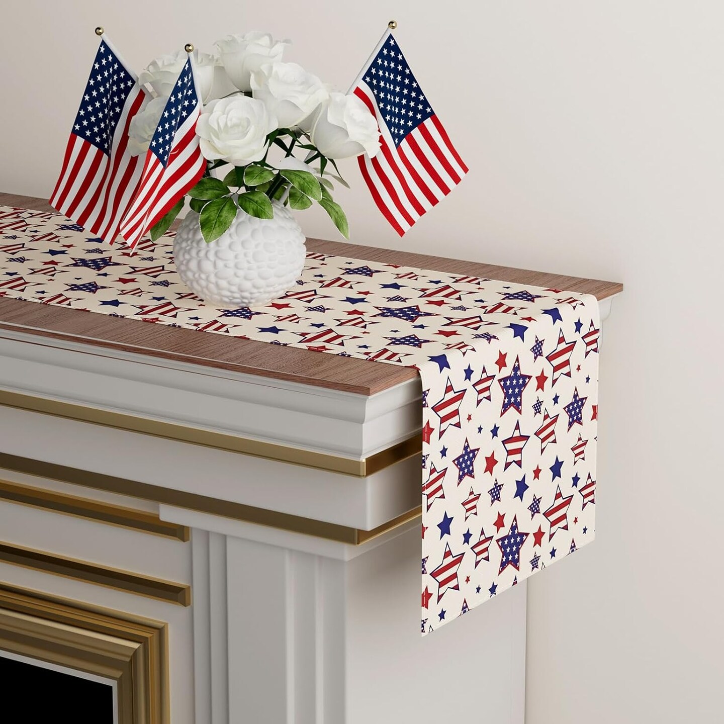 Patriotic 13x72" America stars table runner for 4th of July and Memorial Day decor.