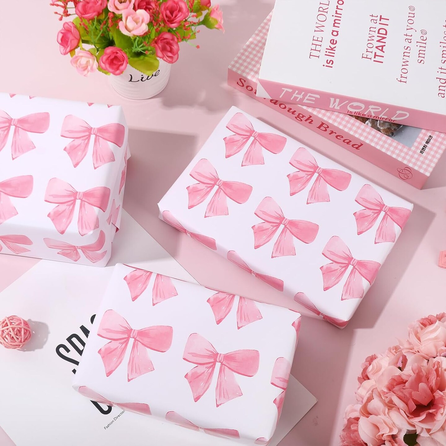 Pink Bow Wrapping Paper -Mini Roll- 17In x 32.8 Ft Watercolor Bow Knot Gift Wrap Paper Sweet Craft Paper for Valentine&#x27;s Day Birthday Wedding Party Packing Supplies