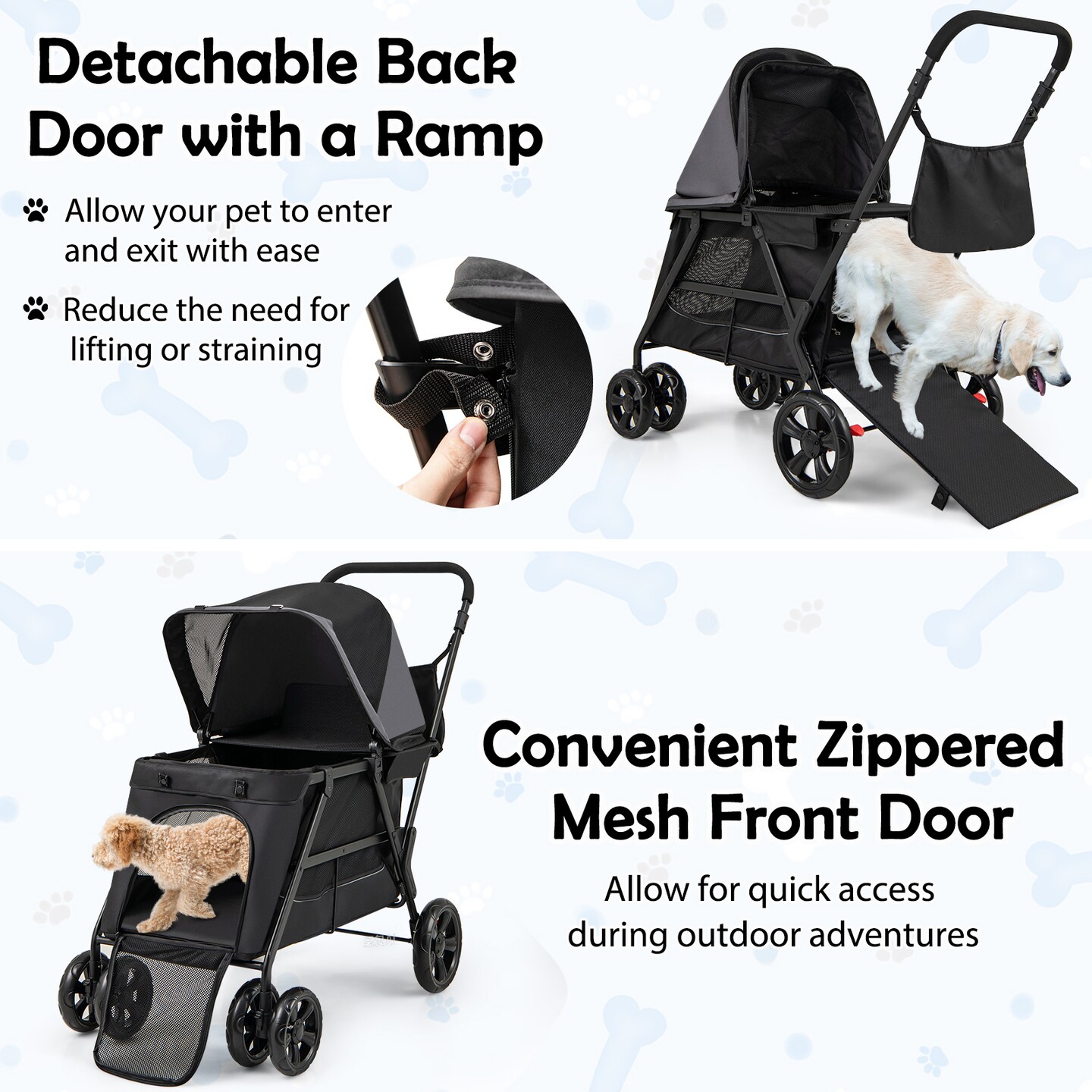 Black 600D Oxford Fabric Dog Stroller with Adjustable Ramp and All-Terrain Wheels