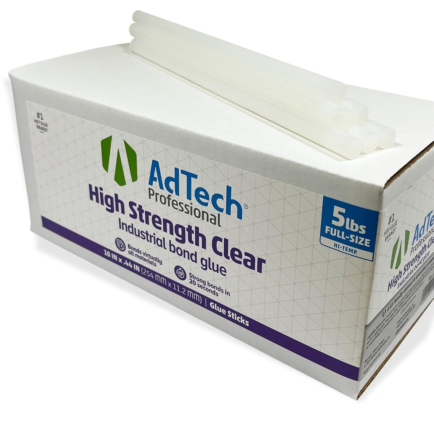 Professional High-Strength Industrial Bond Hot Glue Sticks &#x2013; 10&#x22; Full Size, Clear, High Temp, Fast 20-Second Set Time, Strong Adhesion to Most Materials, 5 lb Box