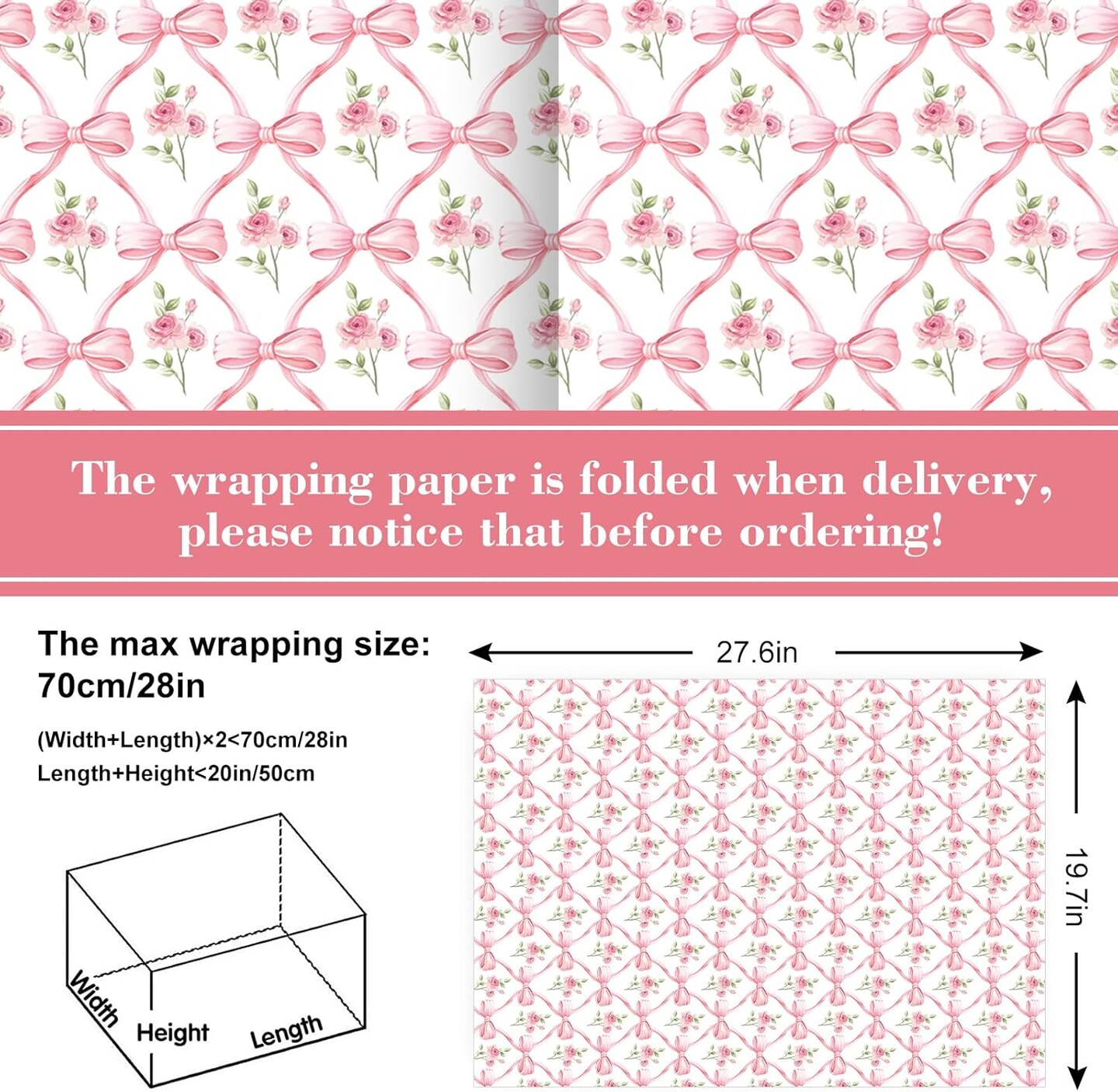6 Sheets Spring Pink Bow Wrapping Paper – Watercolor Floral Gift Wrap, 19.7"x27.6" for Valentine’s Day, Baby Shower & Crafts