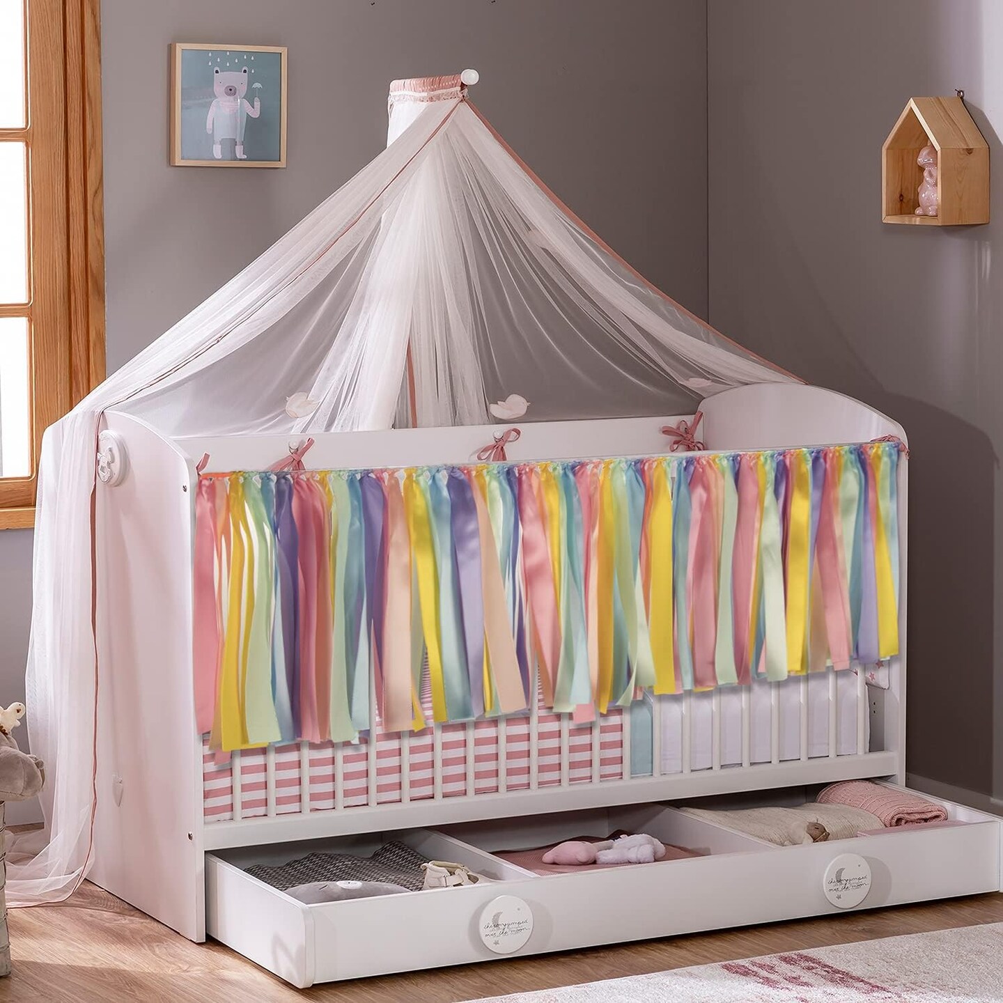 Pastel Rainbow Ribbon Tassel Garland Colorful Fabric Banner Hanging Patry Decoration Backdrop for Baby Shower, Highchair, Birthday Macron Banner Backdrop Decor 40 Inches(L) X 14 Inches(W)