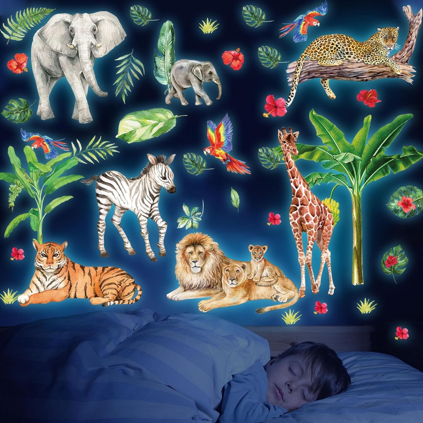 Glow-in-the-Dark Jungle Animal Wall Decals – Removable Safari Stickers for Kids’ Bedroom & Nursery