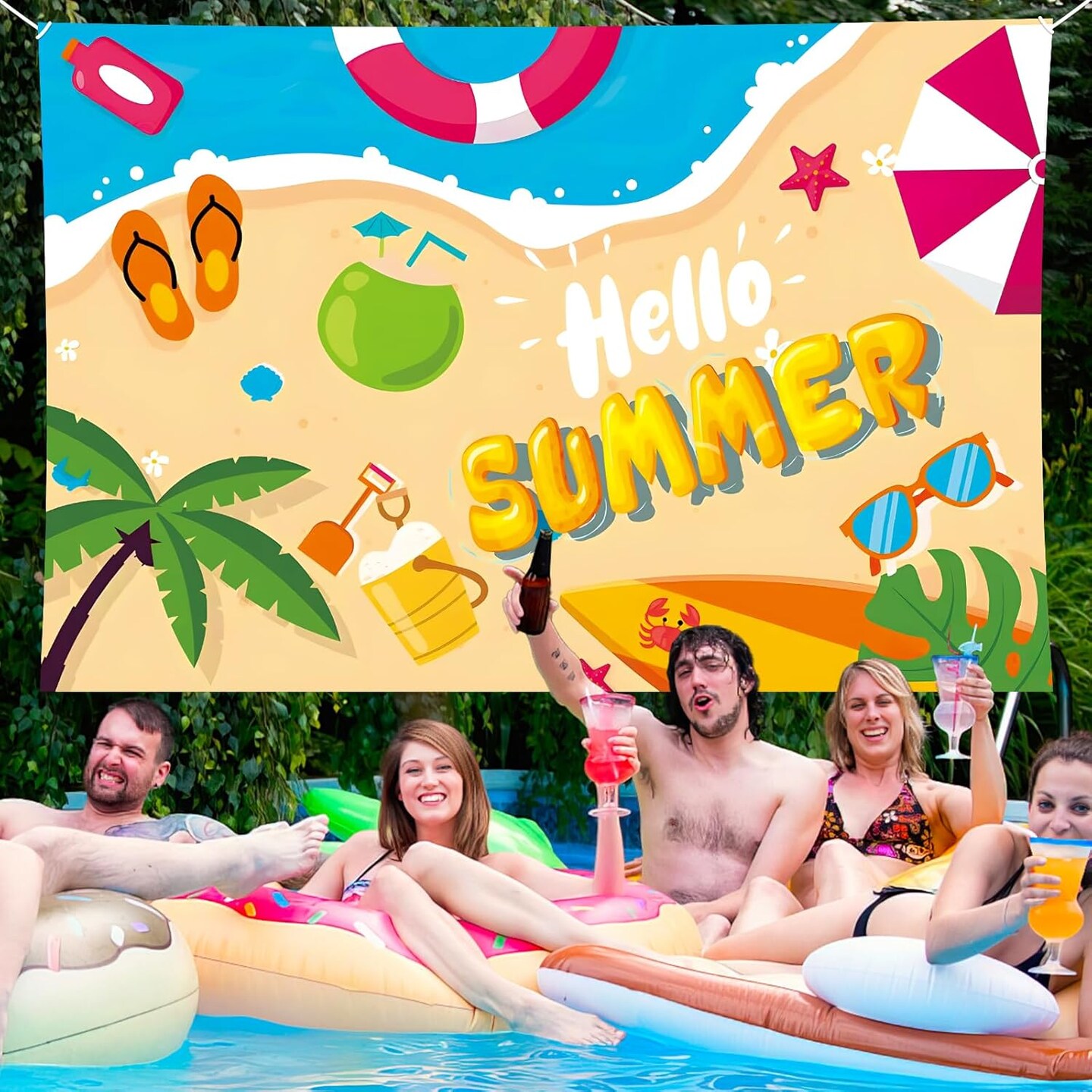 Summer Party Decorations, Pool Party Decorations Include Balloons, Summer Backdrop, Birthday Banner, Palm Leaves, Tablecloth, Plates, Cups, Cake Toppers for Beach Theme Party Supplies