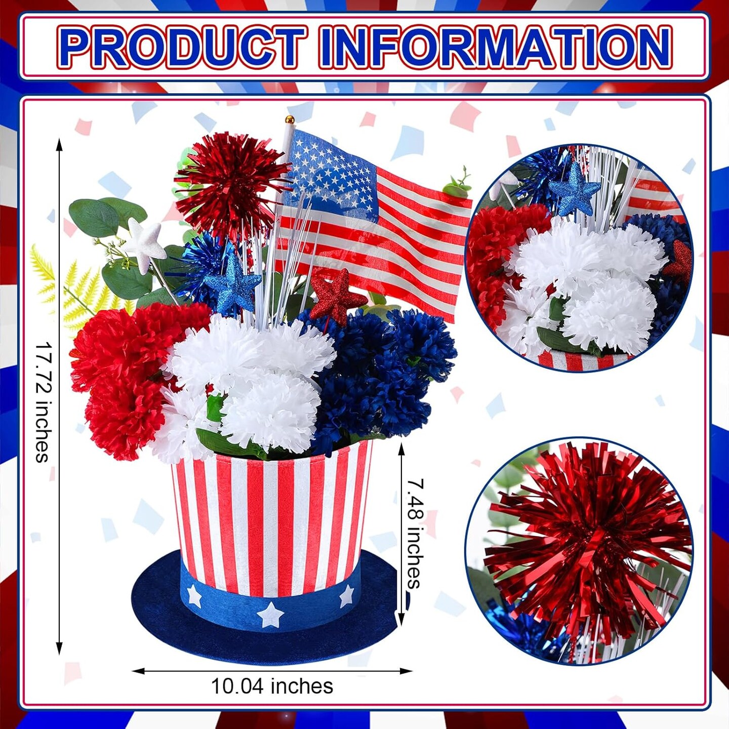 Patriotic Labor Day centerpiece with red, white, blue flowers in USA hat vases.