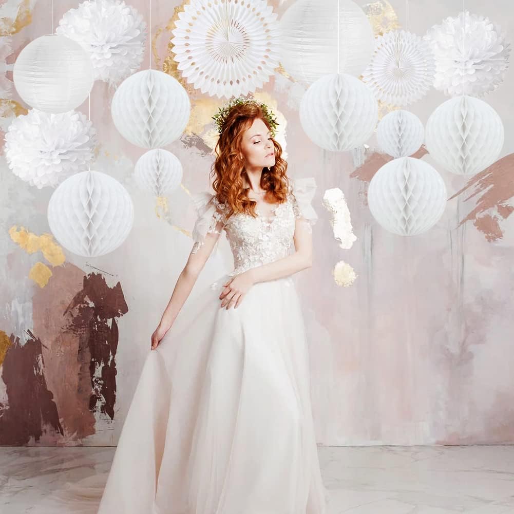 14 PCS White Honeycomb Decorations Paper Lanterns Party Decoration Kit Hanging Tissue Pom Poms Flowers White Paper Fans for Wedding Engagement Birthday Baby Bridal Shower Party Decoration Easy Joy