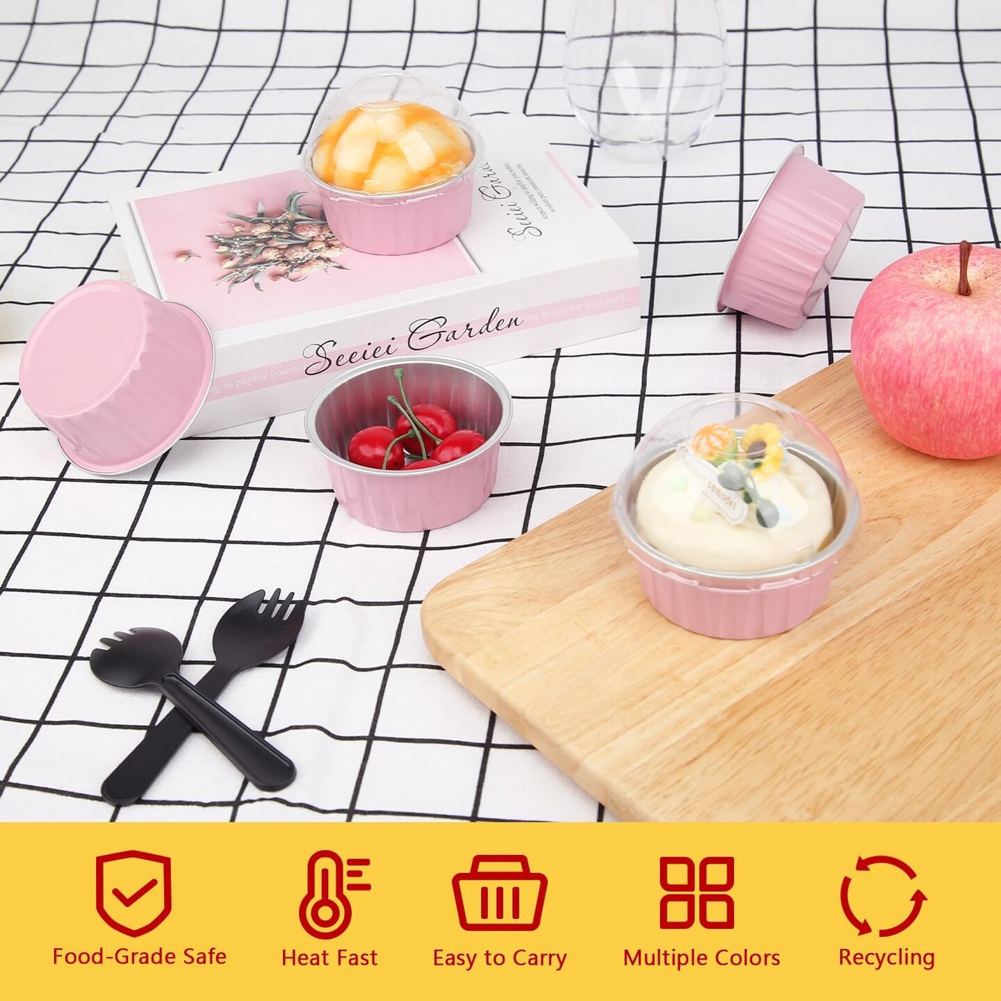 5oz Cupcake Pans with Dome Lids 100 Pack,LNYZQUS Aluminum Foil Small Cake Baking Tin,Disposable Ramekins Cupcake Baking Cups Containers,Mini Pie Pans Muffin Tins Jumbo Cupcake Liners-Pink