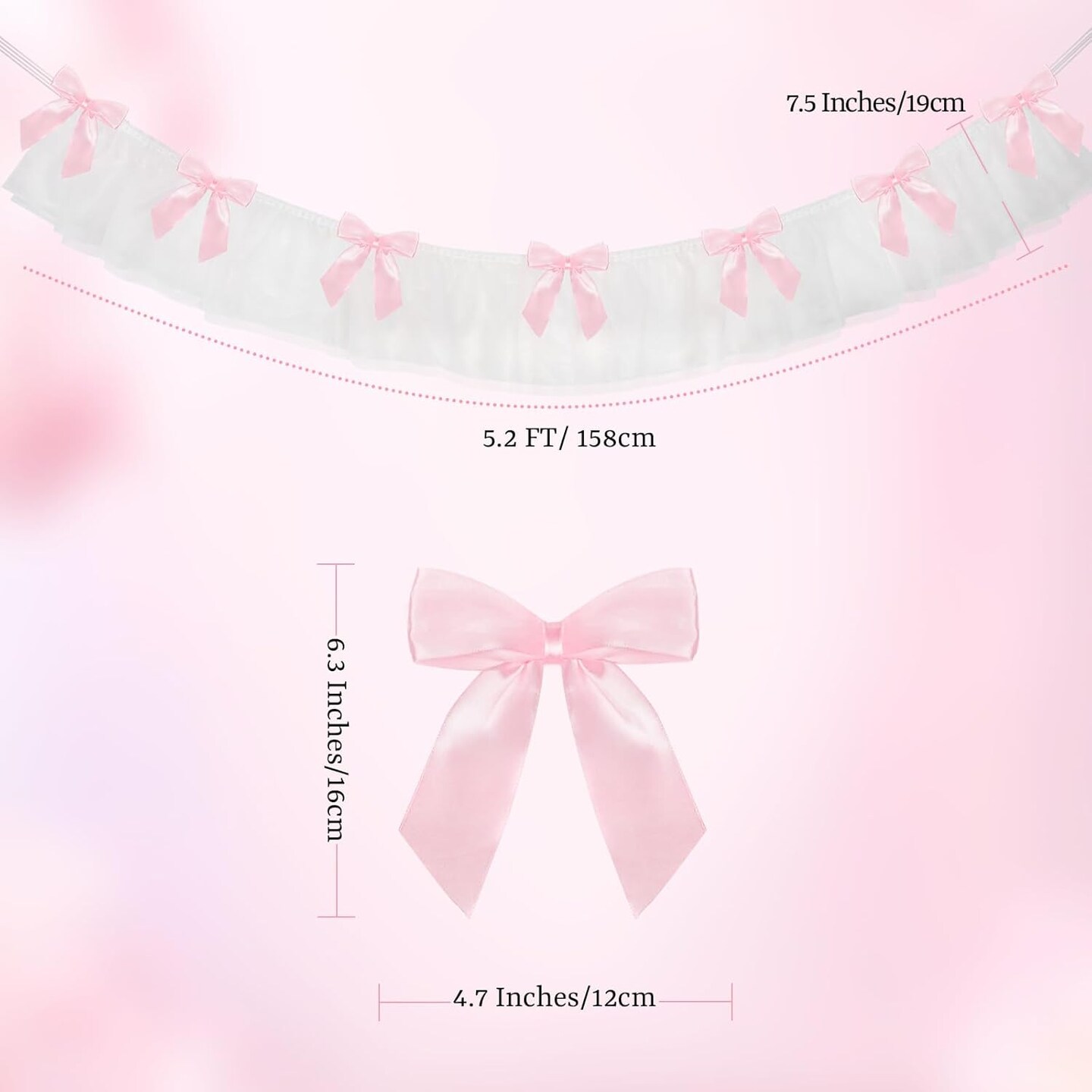 Bow Garland Banner, Pink Bow Birthday Party Decorations, 5.1ft Lace and Satin Ribbon Bows Hanging Banner with 7 Bows for Coquette Birthday Bachelorette Party Wedding Engagement Decor