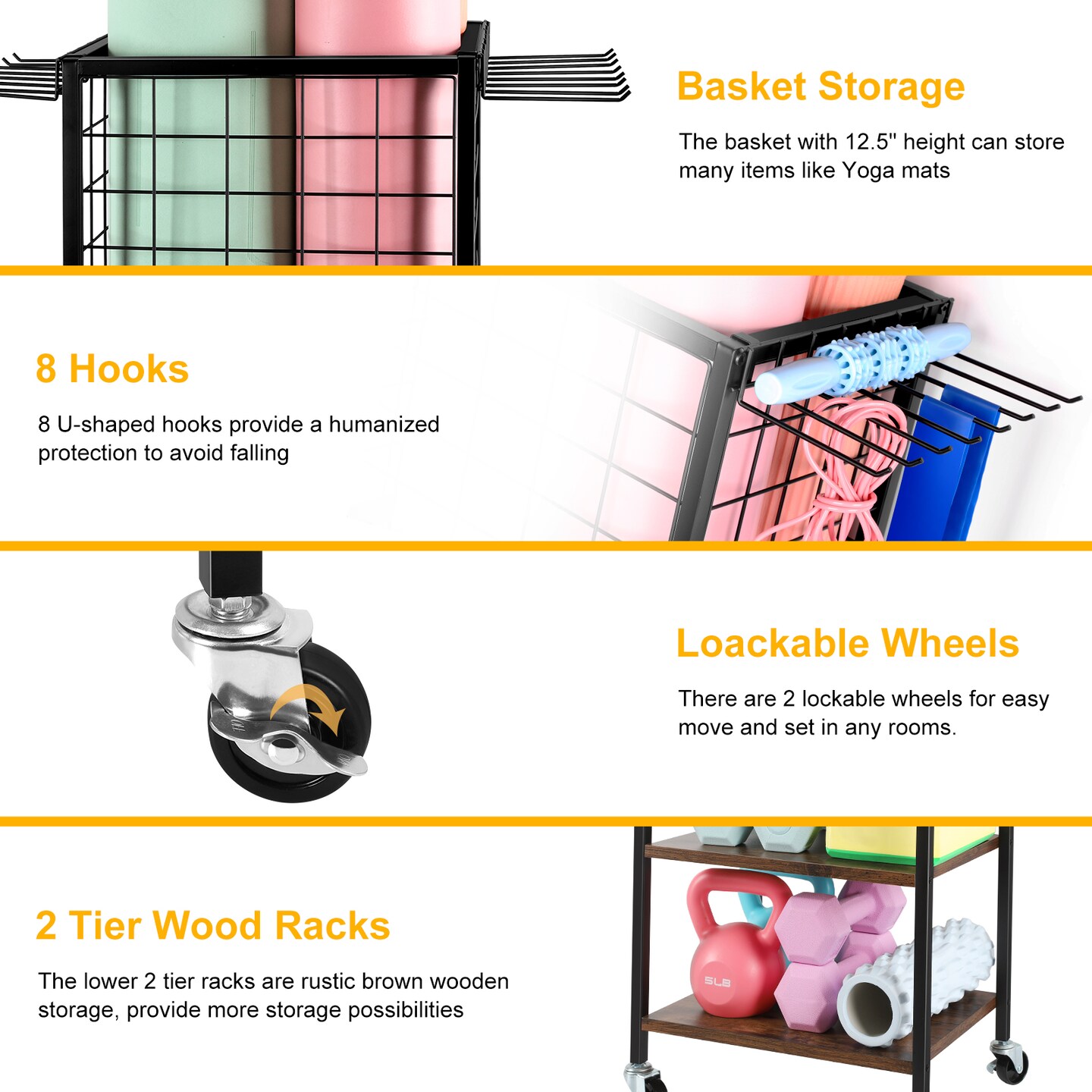 Multi-Functional Weight Rack for Home Gym &#x2013; Portable Storage Organizer with Wheels, Hooks &#x26; Yoga Mat Holder for Dumbbells, Resistance Bands, Blocks