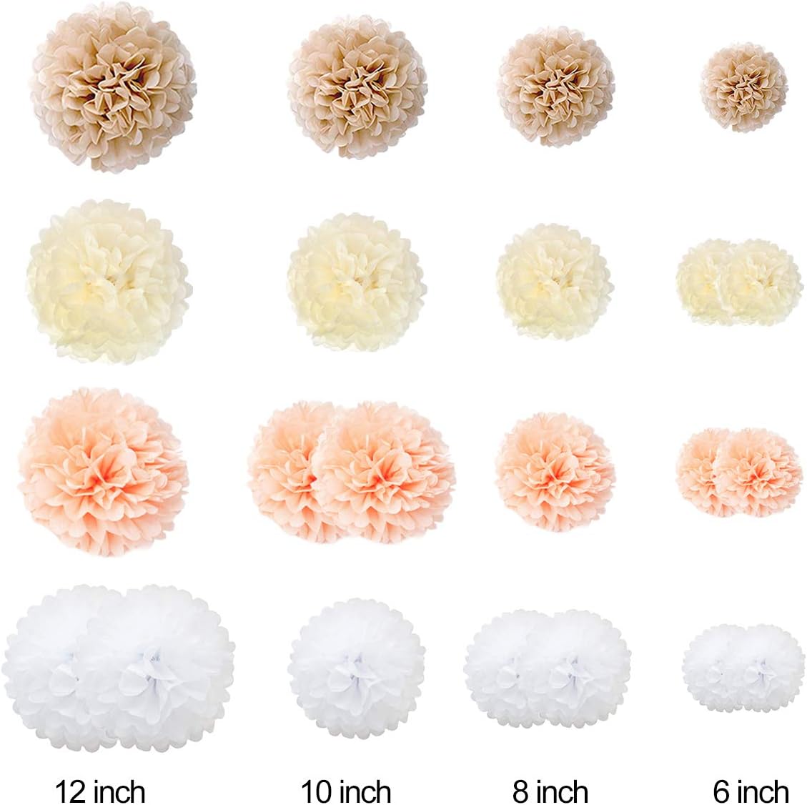 Tissue Paper Pom Poms Paper Flower 22 Pcs Champagne, Ivory, White, Peach for Birthday Bachelorette Wedding Baby Shower Bridal Shower Party Decoration