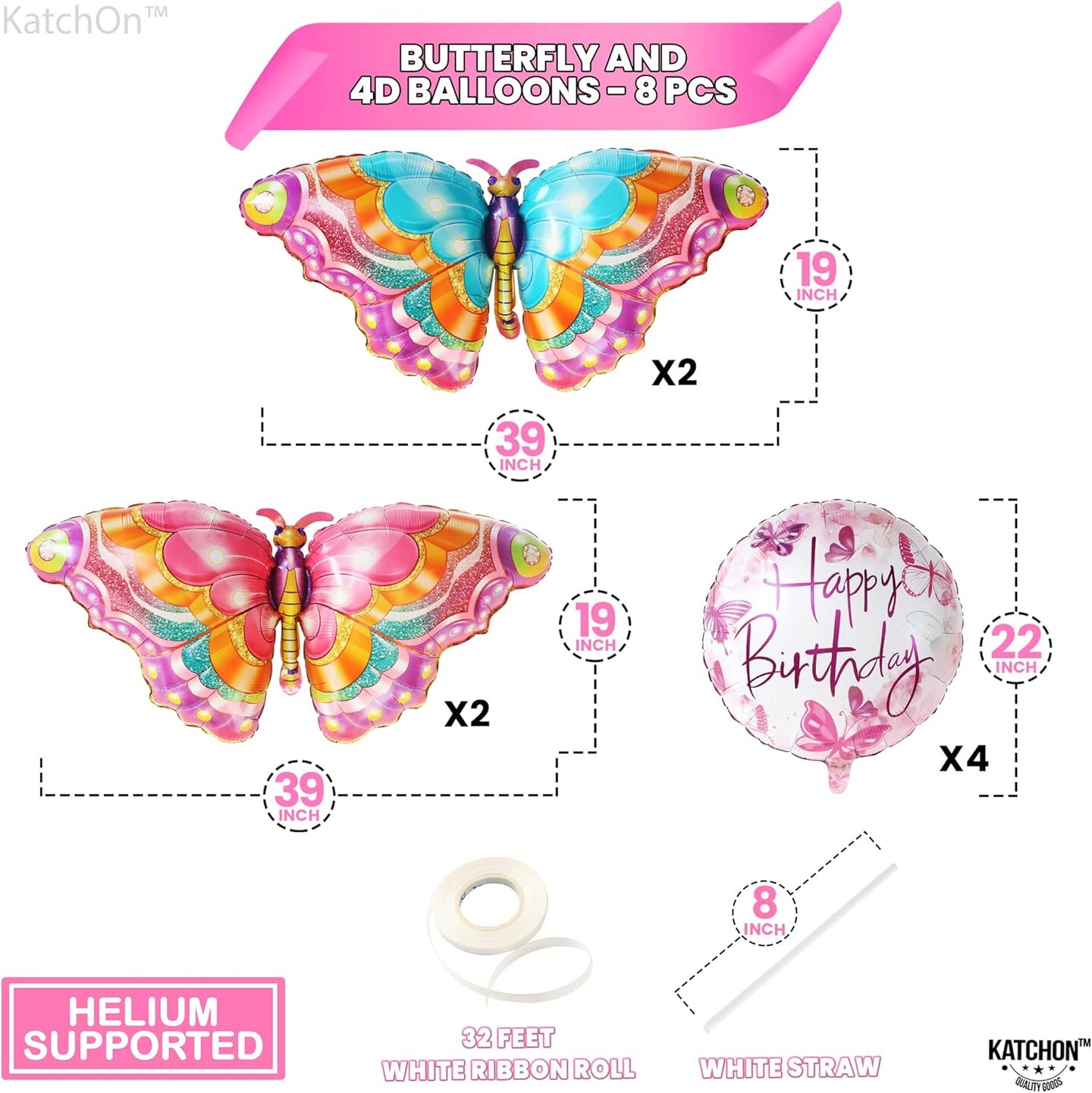 Big, Butterfly Balloons for Birthday Party - 39 Inch, Pack of 8 | Happy Birthday Fairy Balloon | Butterfly Foil Balloons for Butterfly Birthday Decorations | Fairy Party Decorations for Girl