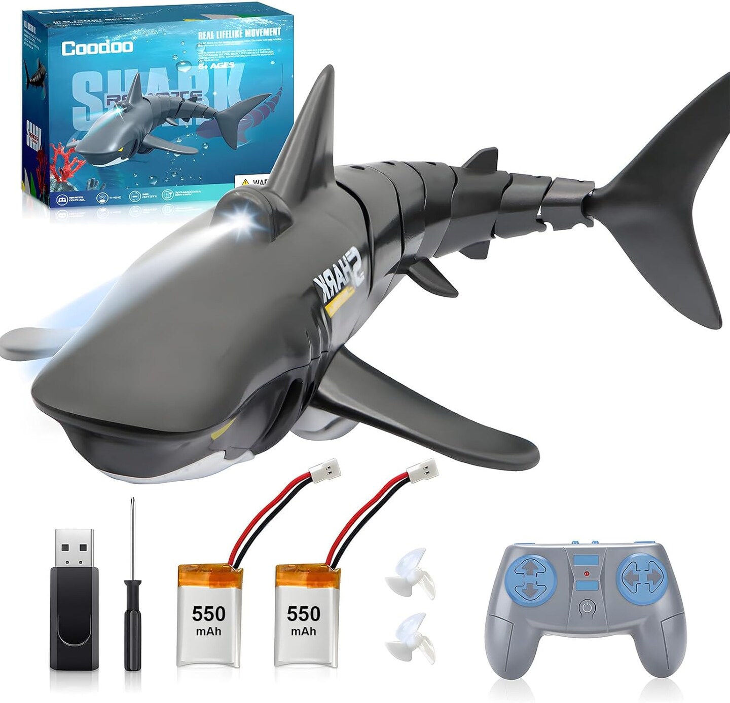 Summer 2.4G Remote Control Shark Toy 1:18 Scale High Simulation Shark for Swimming Pool Bathroom - Great Gift RC Boat Toys for 6+ Year Old Boys and Girls (with 2 Batteries)