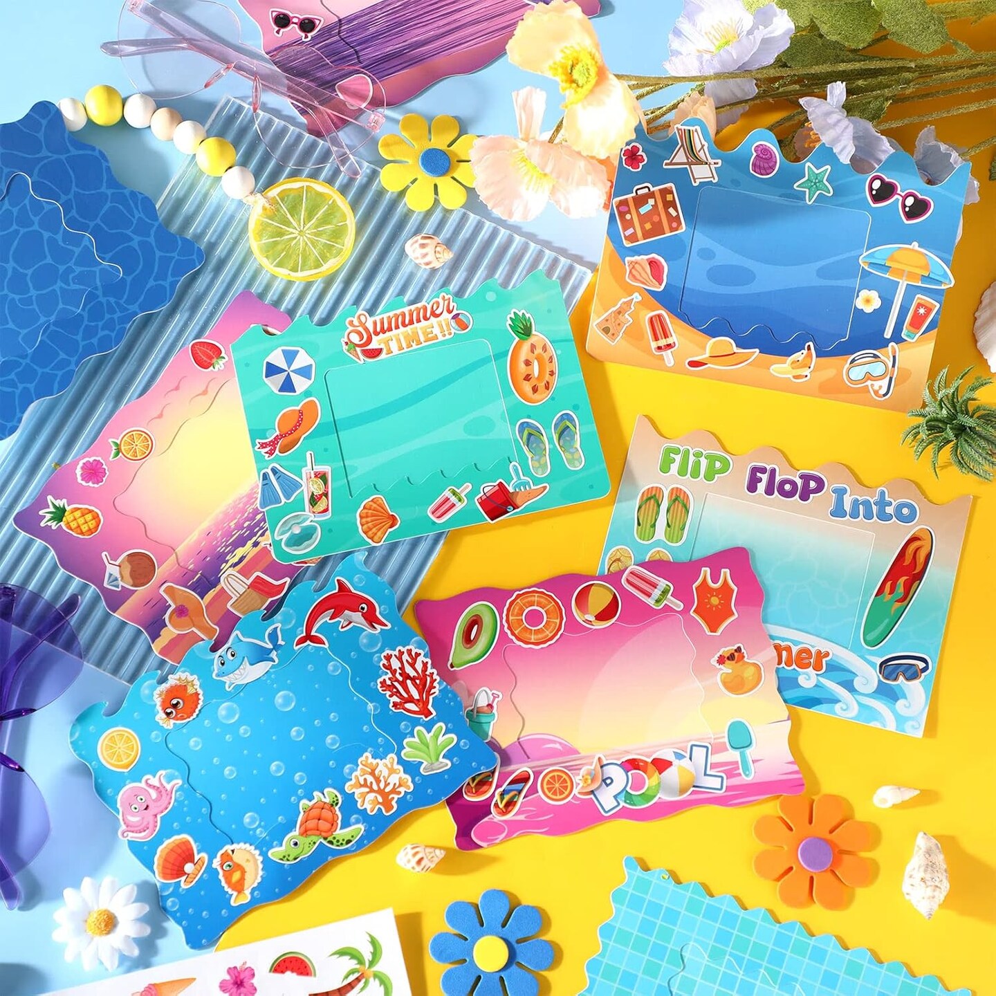 54 Packs Summer Picture Frames Craft Kit DIY Photo Frame Craft with Stickers Summer Cardboard Photo Frame Craft Under The Sea Craft Kits Game Activities Beach Pool Party Favors