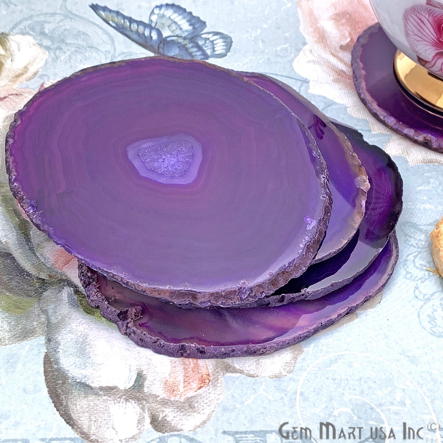 Purple Agate Coasters, Drinkware Coasters, Electroplated Agate Slice Home Décor, Agate Canvas, GemMartUSA (PPCO)