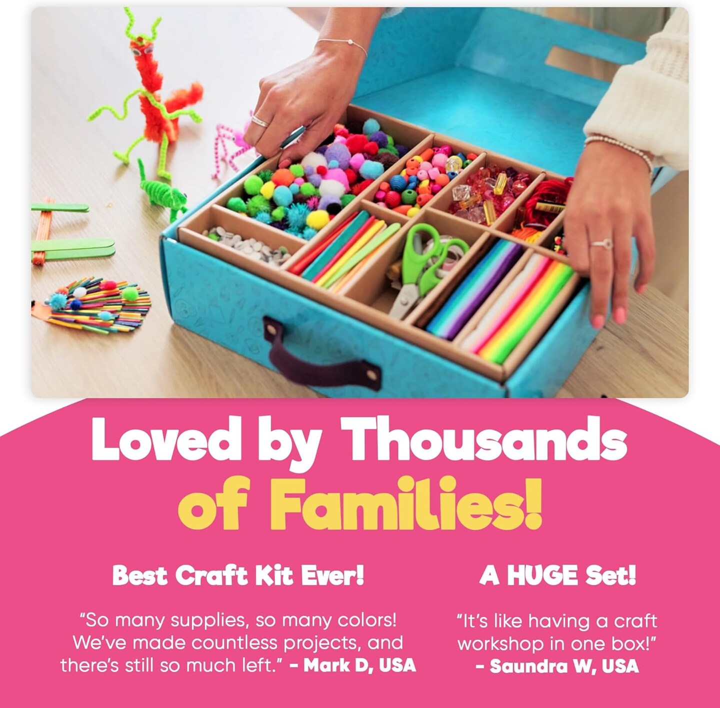 Arts &#x26; Crafts Summer Chest - 3000+ pcs Deluxe Craft Supplies Box, 2 Drawers, 18 Compartments, Sturdy Handle - Art Crafting Kit Easter Gifts for Kids, School Supply for Ages 4 5 6 7 8 9 10 11 12