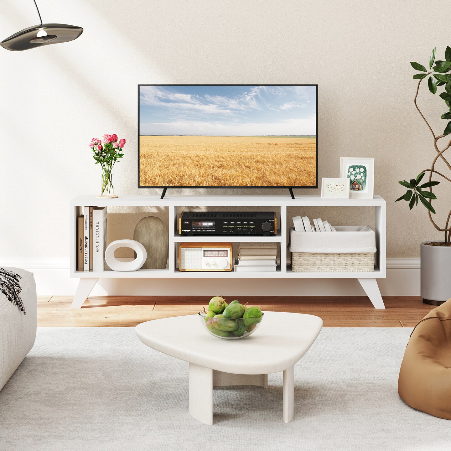 Engineered Wood TV Stand with Storage, Raised Legs, and Media Console
