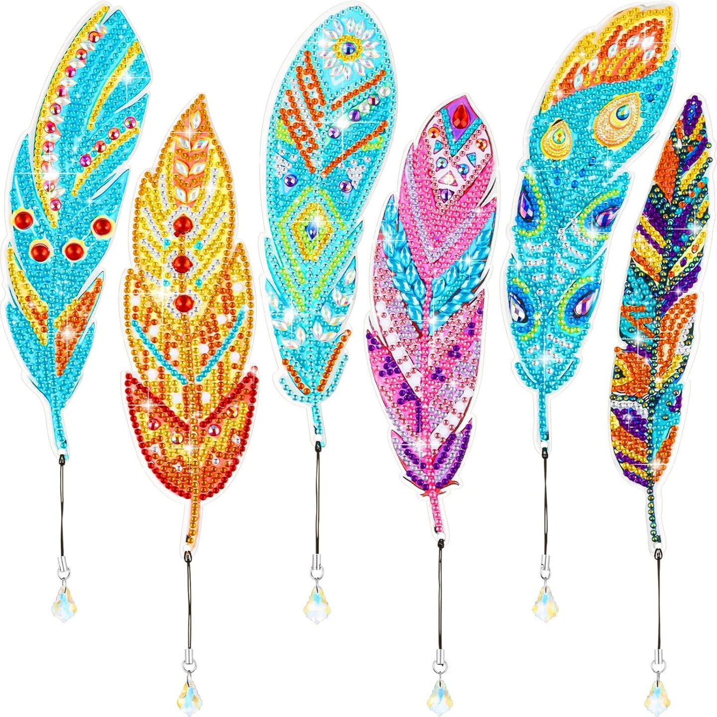 6 Pcs Diamond Painting Bookmarks Kits DIY 5d Feather Bookmark Rhinestone DIY Bookmarks Crystal Diamond Art Acrylic for Adult Arts Supply Crafts Gifts