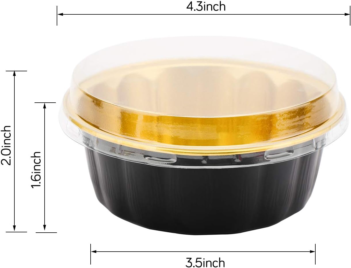 Disposable Ramekins with Lids, 8 oz 50 Pack Black Gold Aluminum Foil Cups, Disposable Creme Brulee Muffin Cupcake Baking Cup Mini Pudding Cups for Party Wedding Birthday