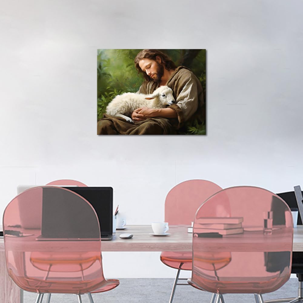 Jesus Paint by Numbers Adult Paint by Number Jesus and Lamb Paint-by-Number Kits DIY Painting Kits On Canvas Religious Spirit Paint by Number for Adults Arts Craft, 16 x20 Inch