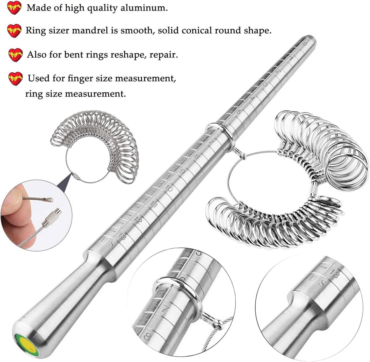 Metal Ring Mandrel Kit with Rubber Mallet, Finger Gauge, US Sizes 0–13