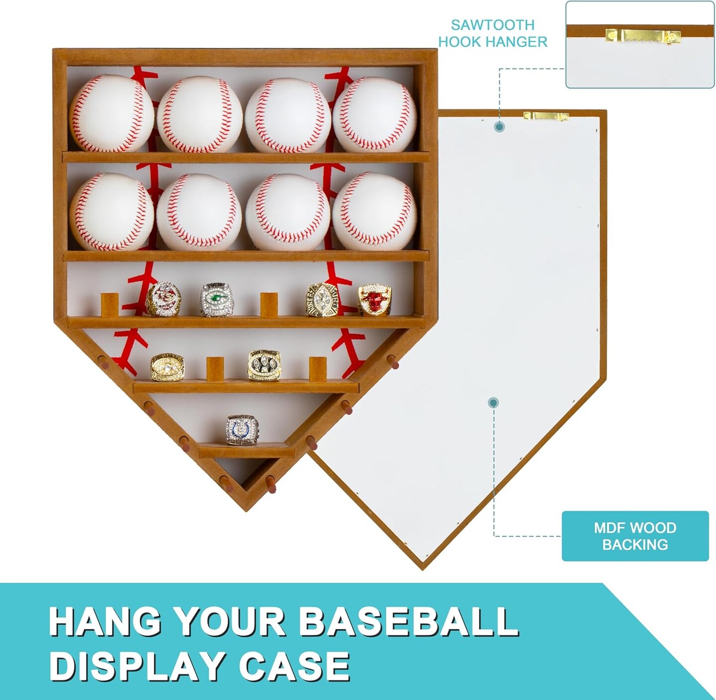 Baseball Balls Display Case with Championship Rings Medals Holder, Solid Wooden Wall Mount Baseball Box for Balls, Rings, Medals, Trophies Collection Brown