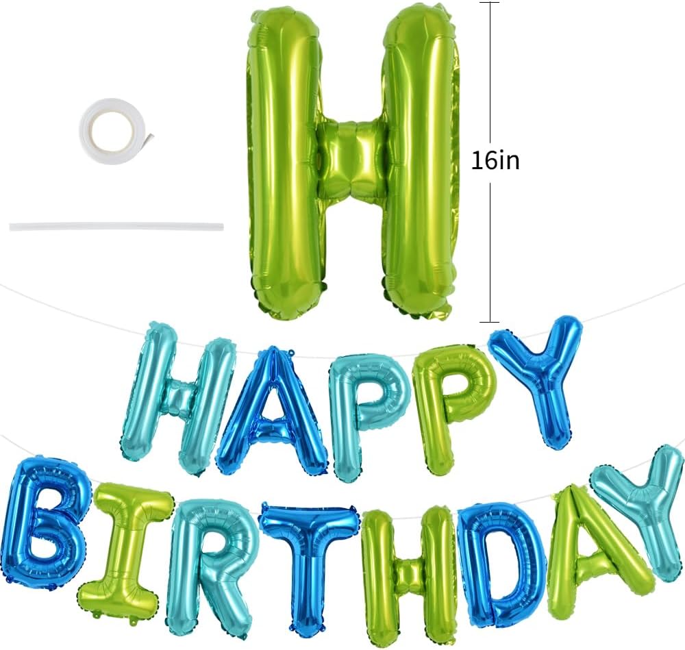 Blue Green Happy Birthday Balloons Banner 16 Inch Mylar Foil Letters Birthday Sign Bunting Reusable for Girls Boys Kids & Adults Birthday Decorations and Party Supplies