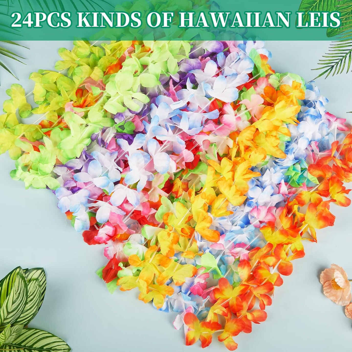 Summer Garland Hawaiian Leis Decorations(24pcs),Leis for Luau Party Decor,Tropical Hawaiian Bulk Hula Dance Party Decor,Colorful Flower Necklace Summer Beach Pool Birthday Theme Party Favors Supplies