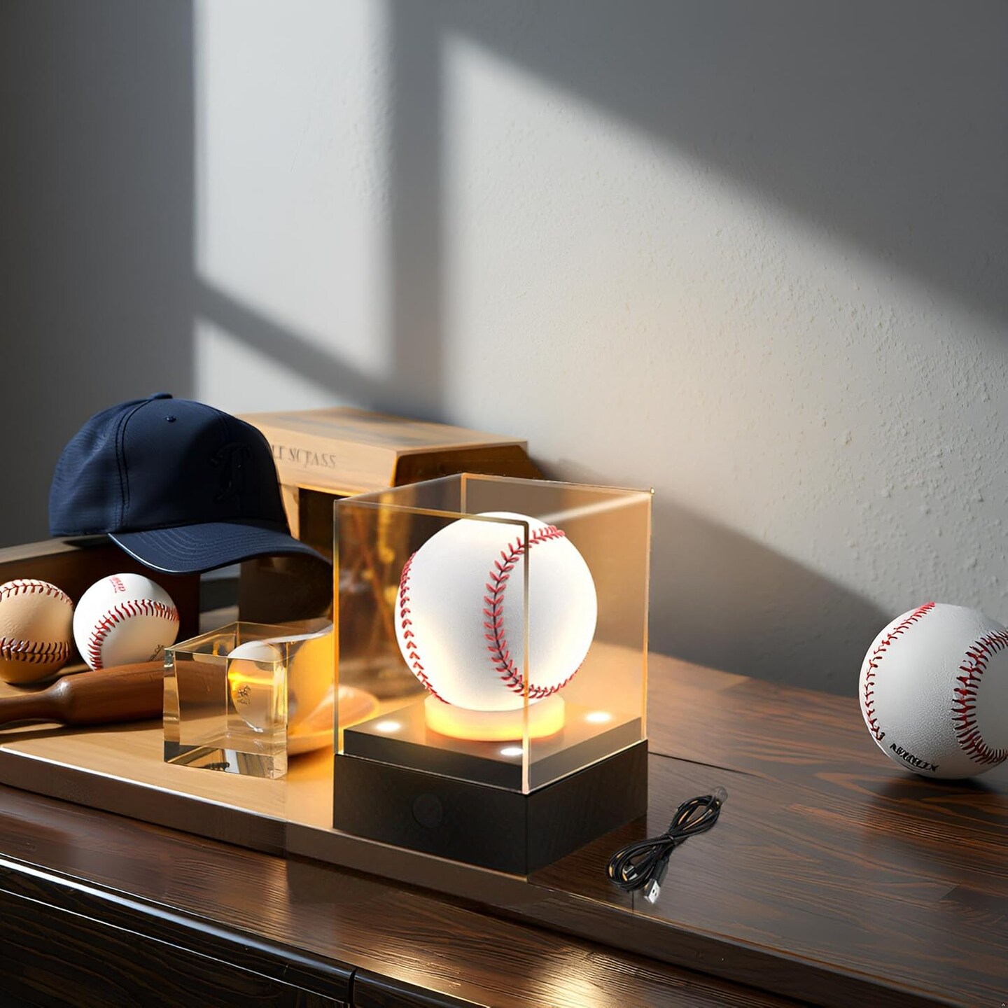 LED Baseball Display Case for Signed Baseballs &#x26; Memorabilia &#x2013; Clear Acrylic Showcase with Multi-Color Lighting, Dual Power (Battery/USB), Stable Base &#x2013; Ideal for Collectors, Black