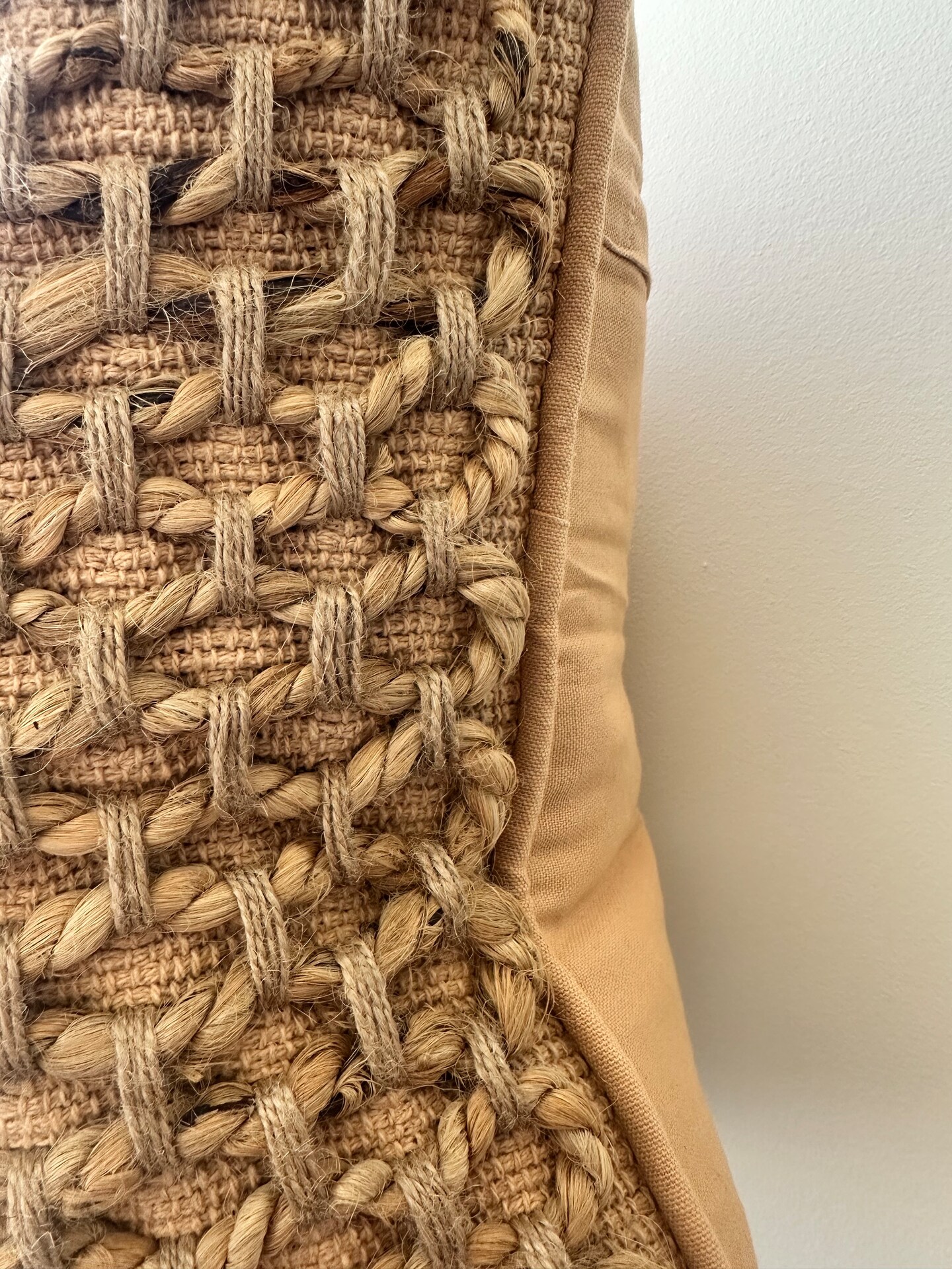 Braided Jute Boho Chic Pillow Cover 20&#x22; | Tan Woven Cotton Decorative Cushion | Rustic Farmhouse Neutral Throw Pillow