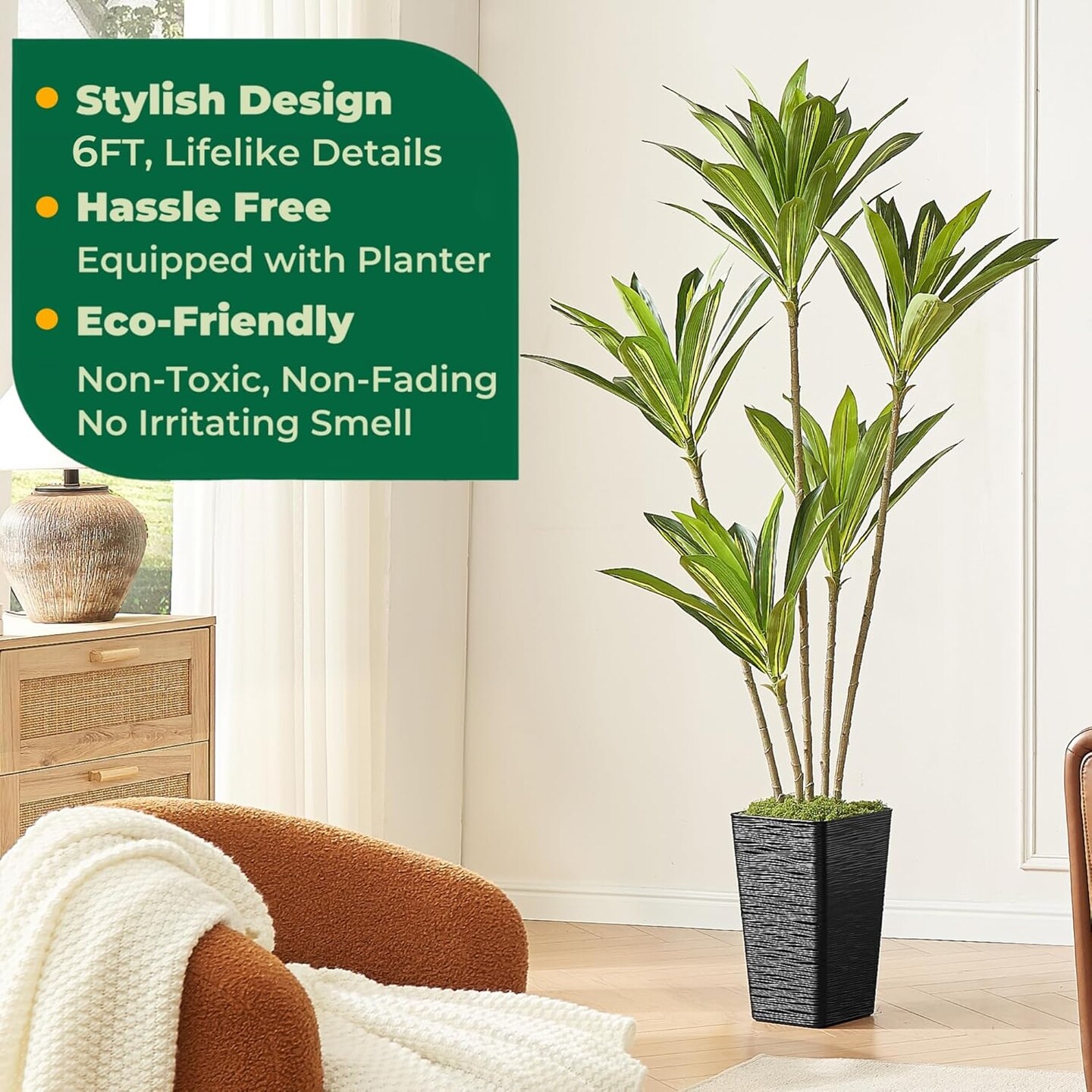 6FT Artificial Dracaena Silk Tree with Black Planter - Real Touch Fake Plant for Home & Office Decor, Faux Yucca Indoor Floor Tree