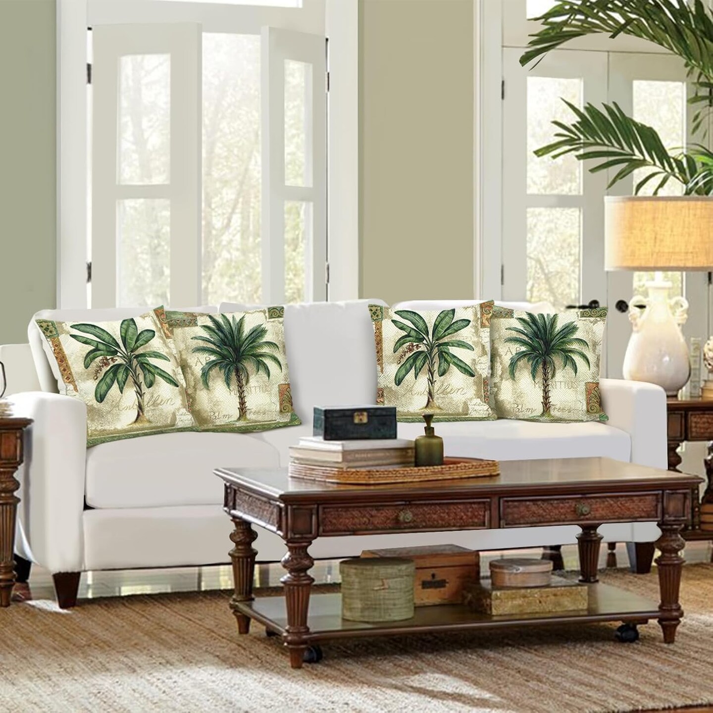 Tropical Palm Tree Throw Pillow Covers 18 x 18 Inch Vintage Green Leaf Decorative Pillow Cases Polyester Linen Cushion Covers for Couch Sofa Indoors Outdoors Decor Set of 4