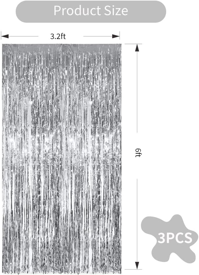 3Pcs Silver Metallic Tinsel Foil Fringe Curtains,3.28ft x 6.56ft Silver Photo Booth Backdrop Streamer Curtain,Great for Bachelorette,Birthday,Christmas,New Year Party Decorations