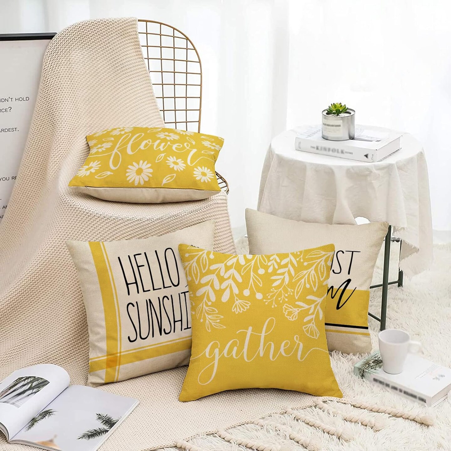 Hello Sunshine Decorative Throw Pillow Cover 20 x 20 Set of 4, Spring Summer Yellow Daisy Floral Flower Porch Patio Outdoor Pillowcase, Just Bloom Gather Sofa Couch Cushion Case