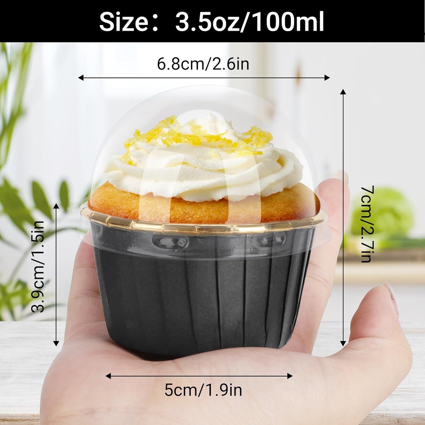 50 Black & Gold Disposable Ramekins with Lids – 3.5oz Mini Foil Cupcake & Dessert Baking Cups