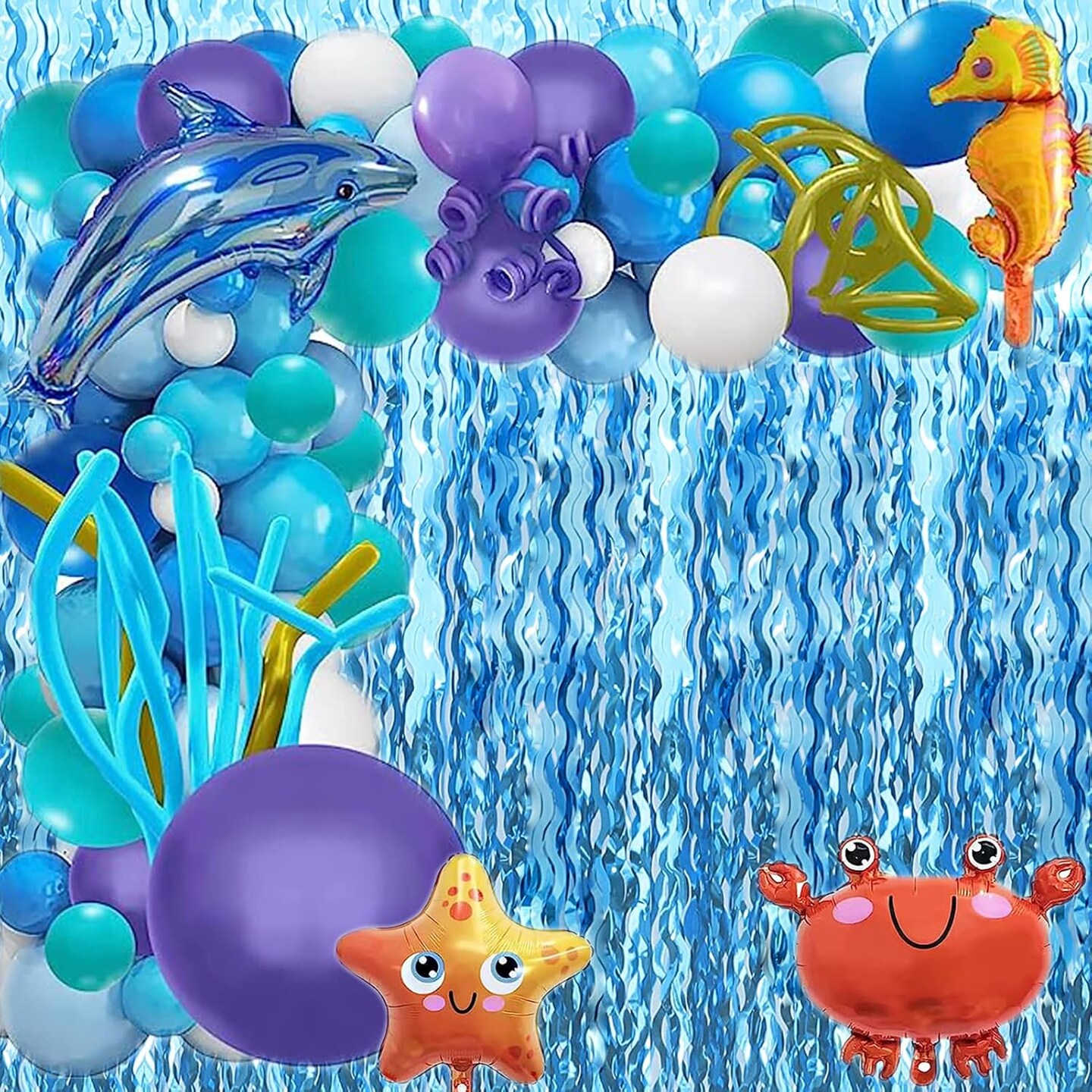 3-Pack Teal Blue Wavy Foil Fringe Curtains 3.2x6.6ft Mermaid & Under the Sea Party Decorations