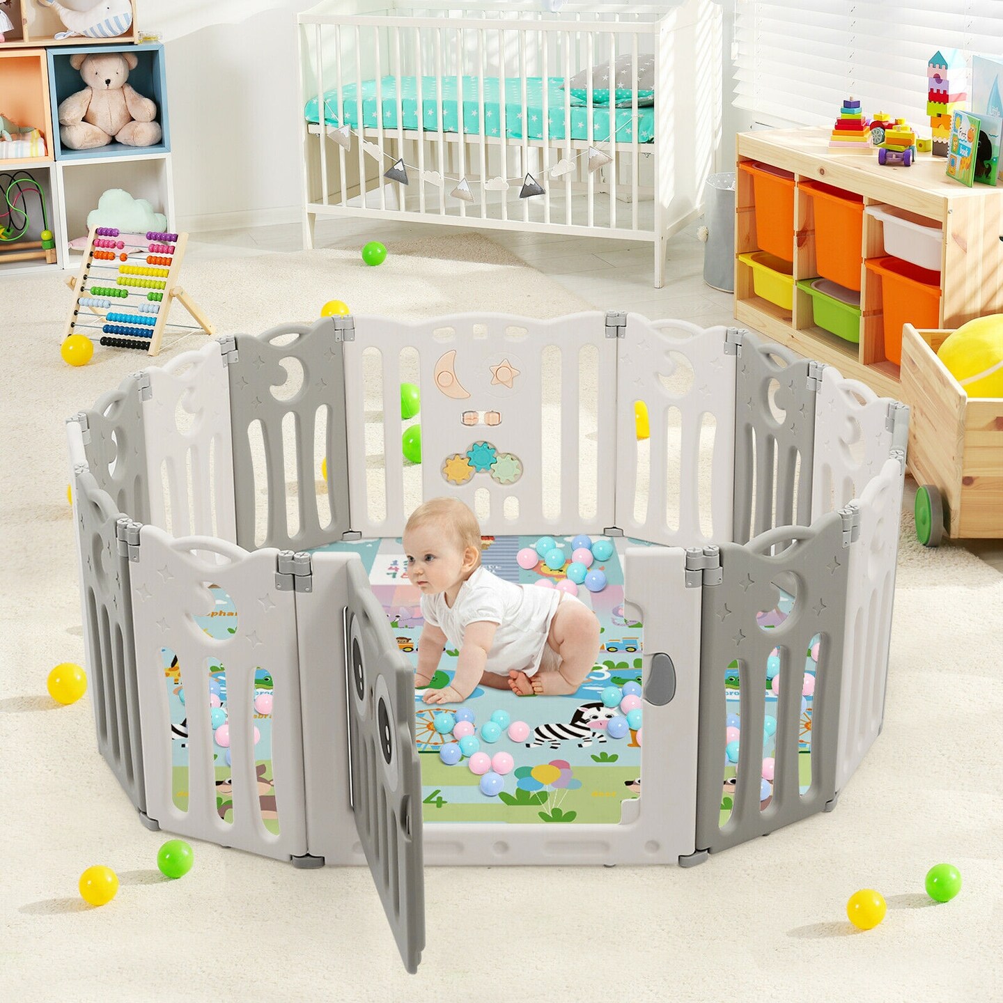 14-Panel Kids Foldable Activity Center Playpen with Lockable Door and Non-Slip Foot Mat