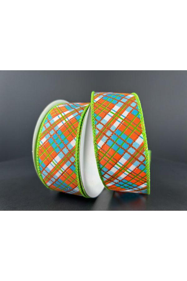 1.5&#x22; White Satin Busy Plaid Ribbon: Teal, Lime and Orange (10 Yards)