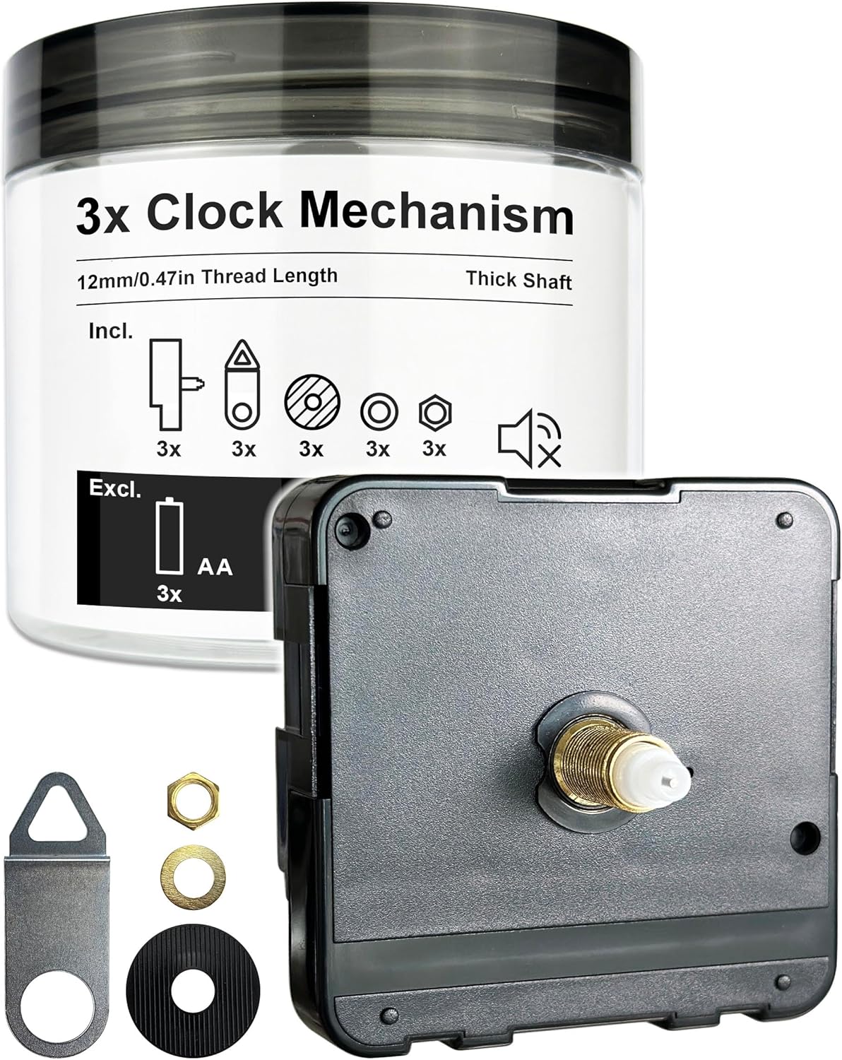Clock Kit Mechanism – 3 Set Battery-Powered Quartz Movement, Silent Motor, 12mm Thread, DIY Repair Parts.