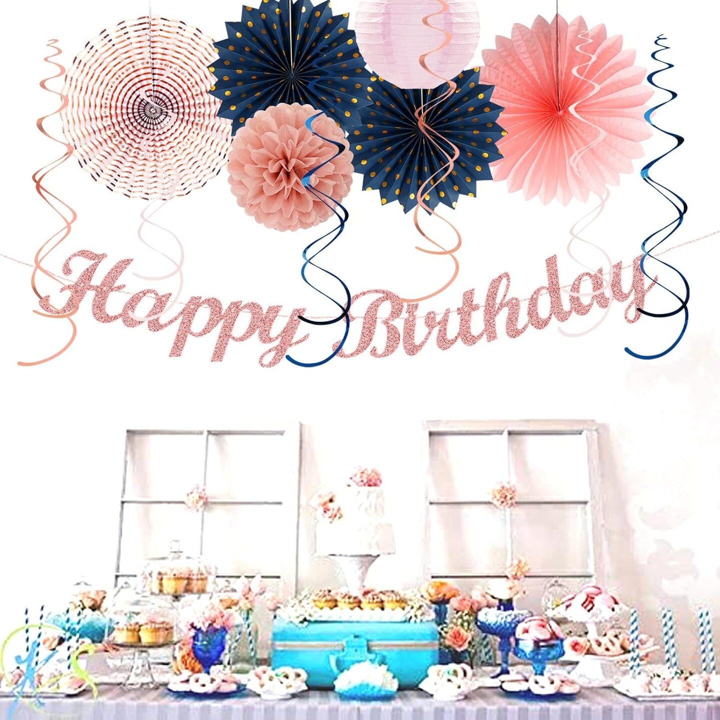 Pink Rose-Gold Navy-Blue Birthday Party-decorations - 21pcs Women Girl Happy Banner Garland, Paper Streamers Lanterns,Flower Tissue Pom Poms Fan Supplies, Princess Wall Backdrop Decor