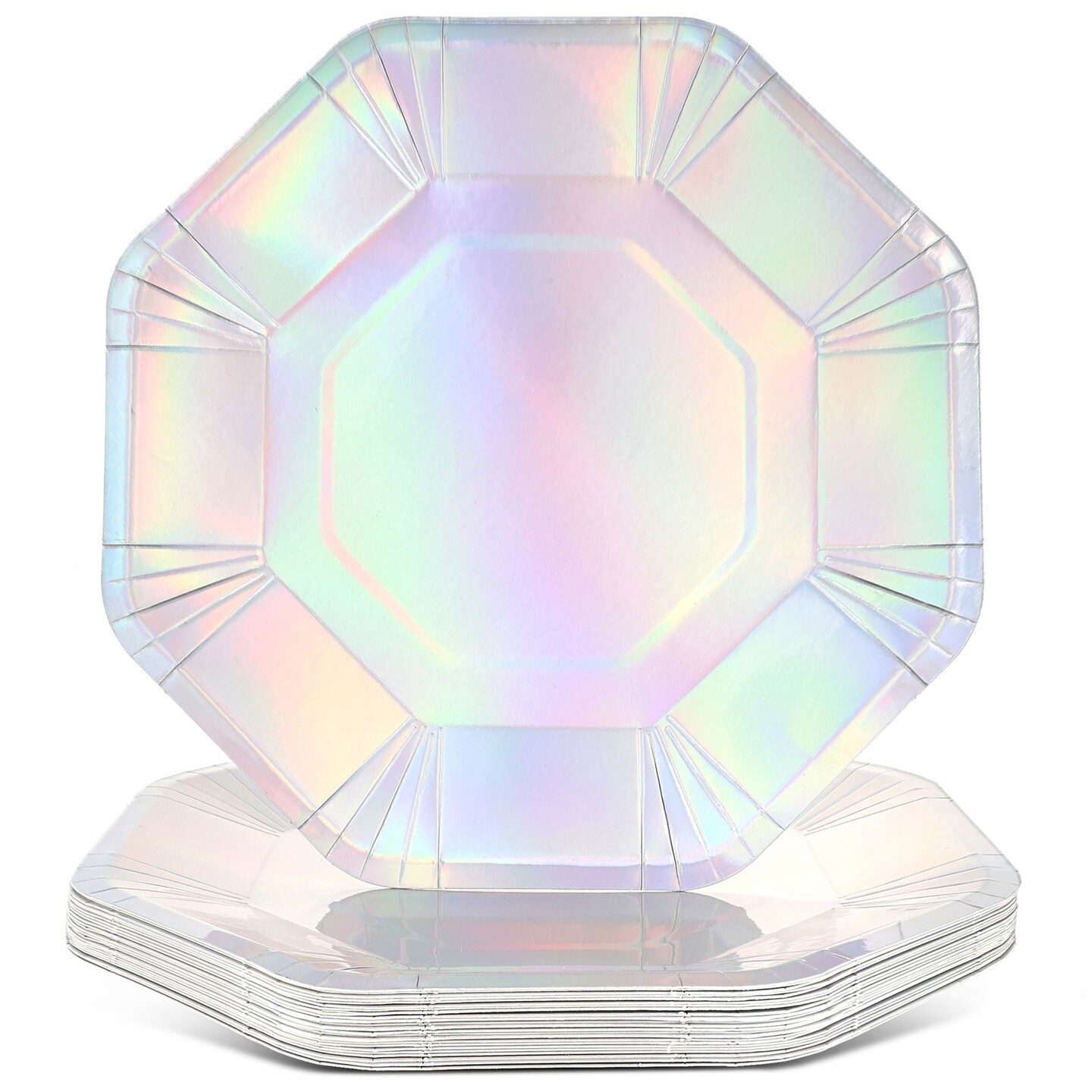 24 Pack Holographic Party Plates - Octogon Iridescent Paper Plate for Disco Themed Party Supplies (9 in)