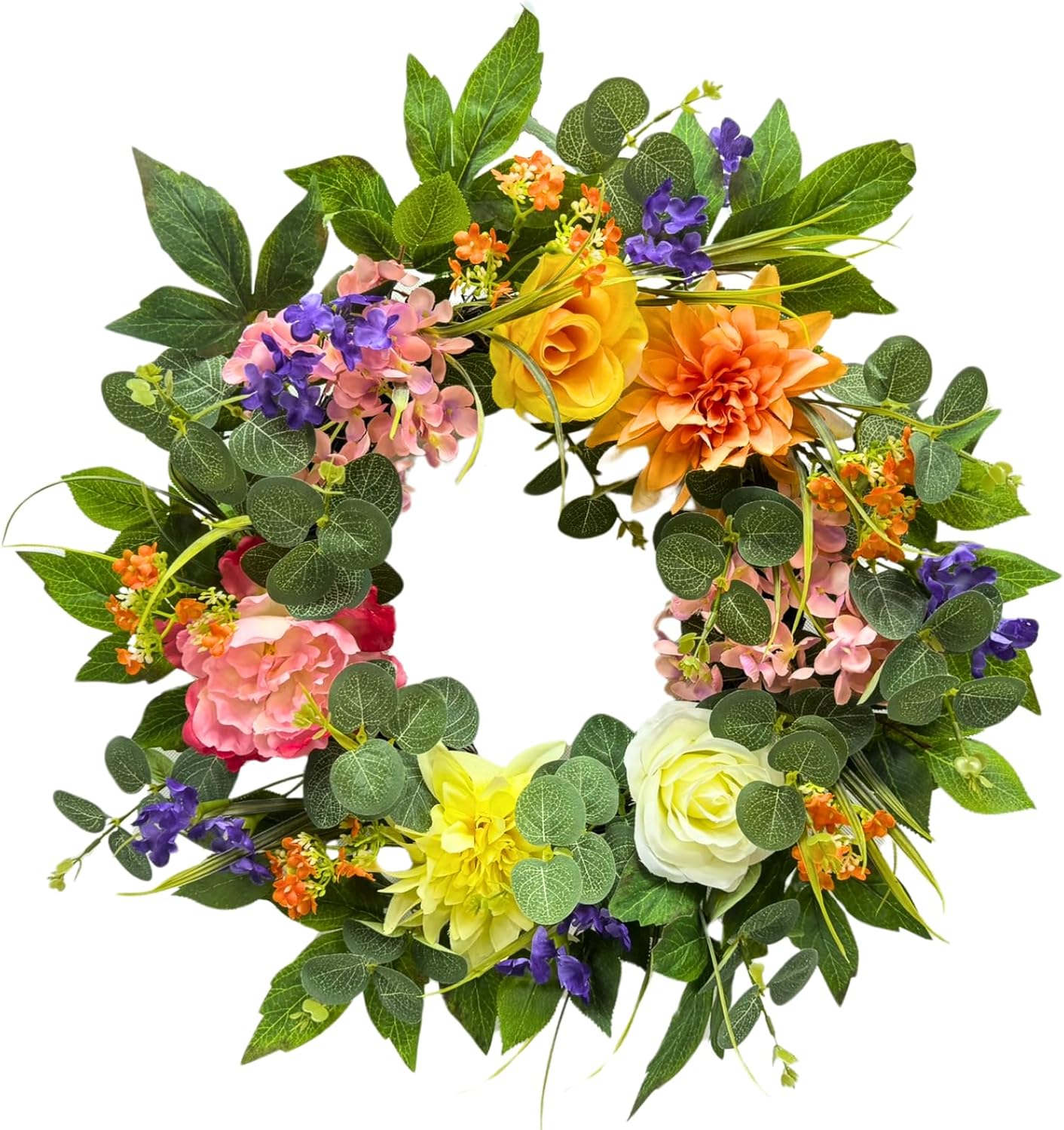 22 Inch Lighted Summer Floral Wreath for Front Door,Dahlia Pinnata, Roses, Eucalyptus Leaves, Peony, Mixed Flowers,Artificial Wreath for Front Door Summer Outdoor Home Decor