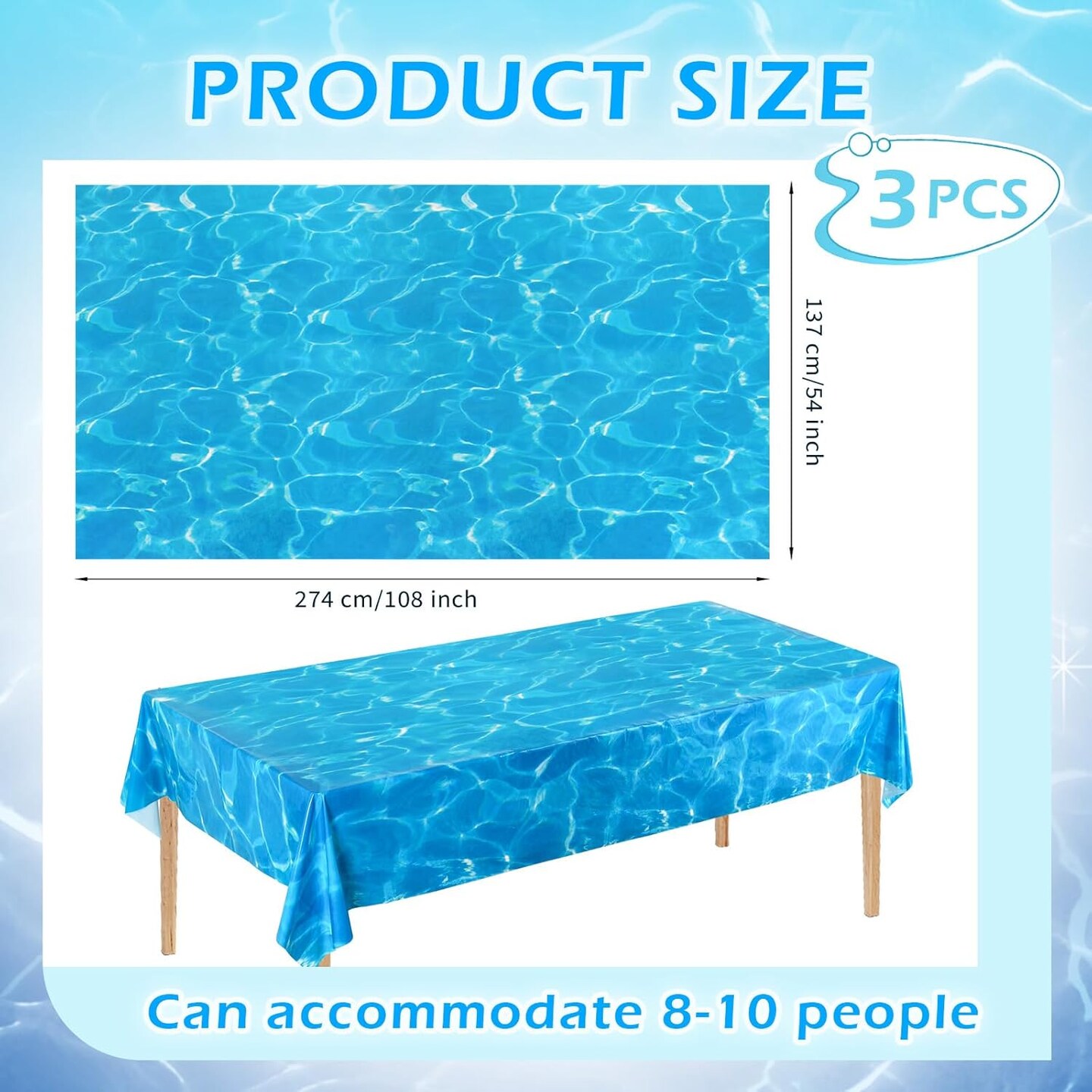 3 Pcs Ocean Waves Tablecloths, 54 x 108 Inch Ocean Theme Table Cover,Plastic Water Print Tablecloths for Beach Pool Sea Theme Party Decorations
