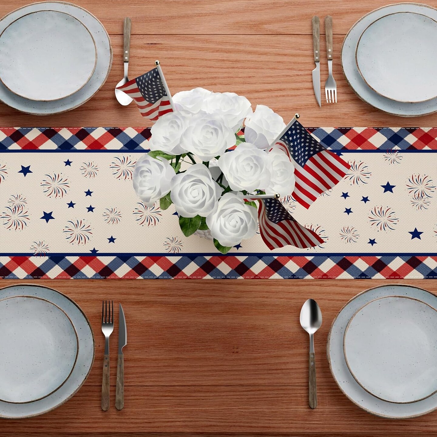 Flowers Cardinals Birds Stars Patriotic 4th of July Memorial Day America Independence Day Table Runner Decoration for Home Kitchen Holiday Party